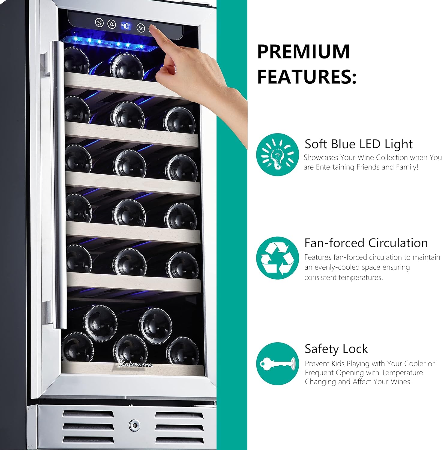 Kalamera 24 inch Wine Cooler, 46 Bottle - Dual Zone Built-in or Freestanding Fridge with Stainless Steel Reversible Glass Door, for Home, Kitchen, or Office.