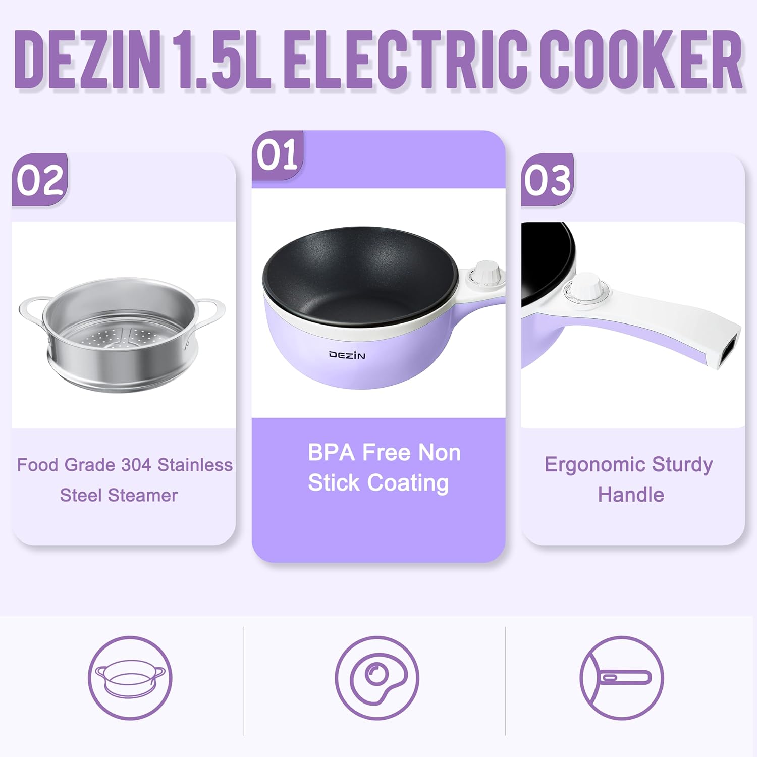 Dezin Hot Pot Electric Upgraded, Non-Stick Sauté Pan, Rapid Noodles Electric Pot, 1.5L Mini Portable Hot Pot for Steak, Egg, Fried Rice, Ramen, Oatmeal, Soup with Power Adjustment(Egg Rack Included)