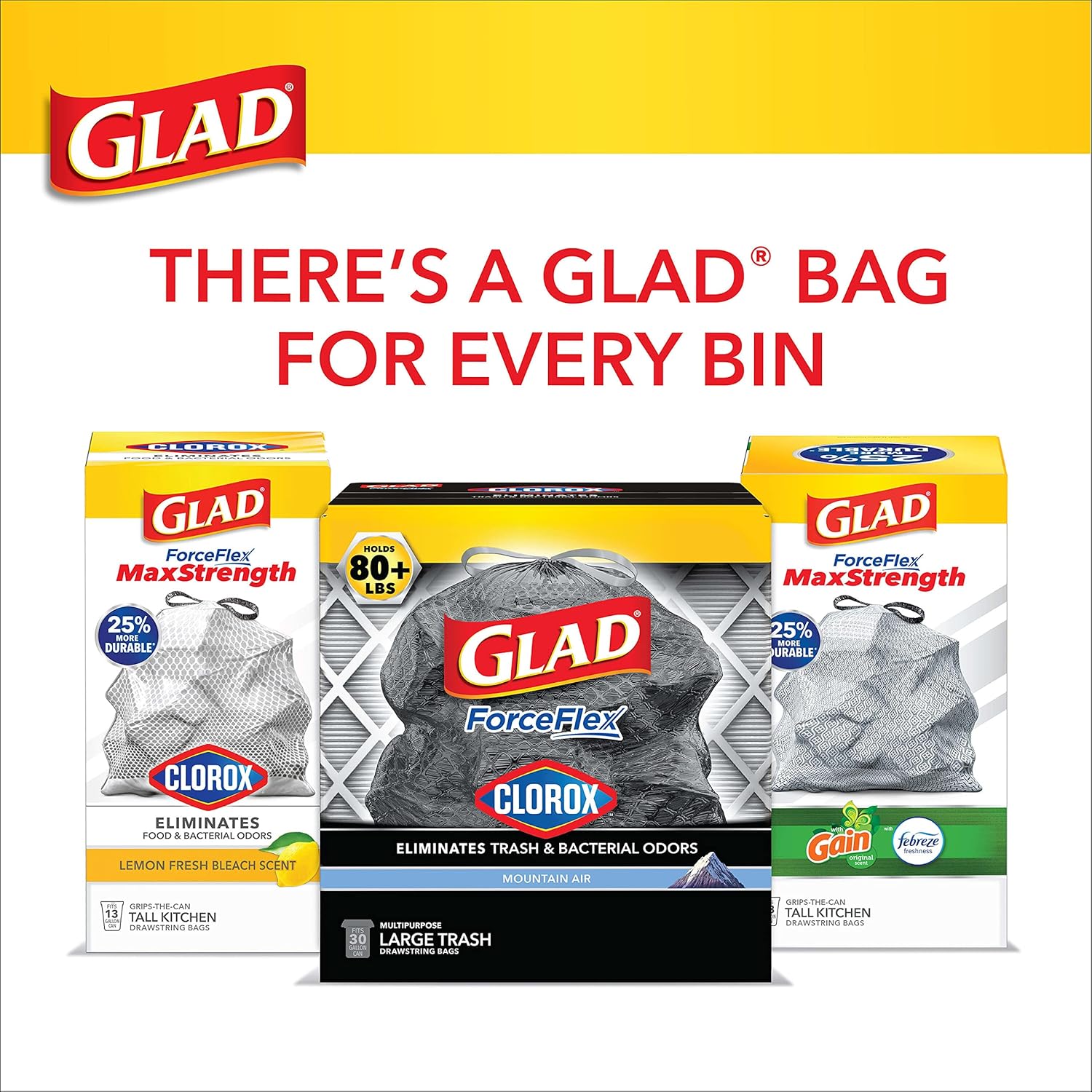 Glad Large Drawstring Trash Bags, ForceFlex 30 Gallon Black Trash Bags, 50 Count (Package May Vary)