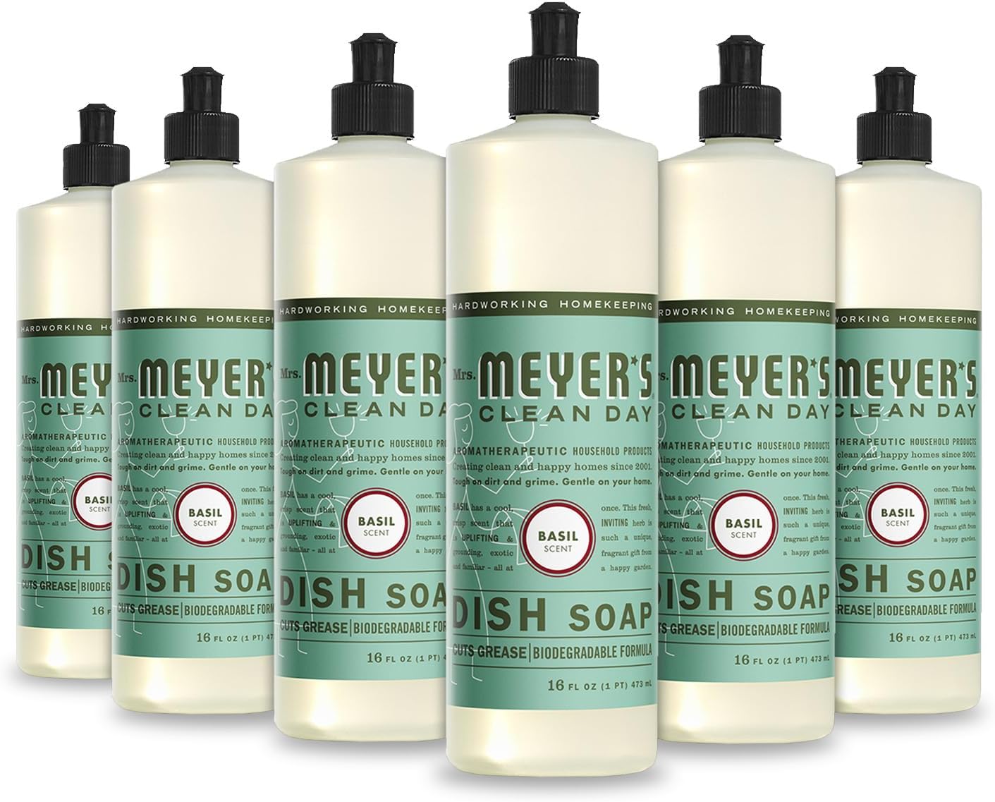 MRS. MEYER'S CLEAN DAY Liquid Dish Soap, Biodegradable Formula, Basil, 16 fl. oz - Pack of 3