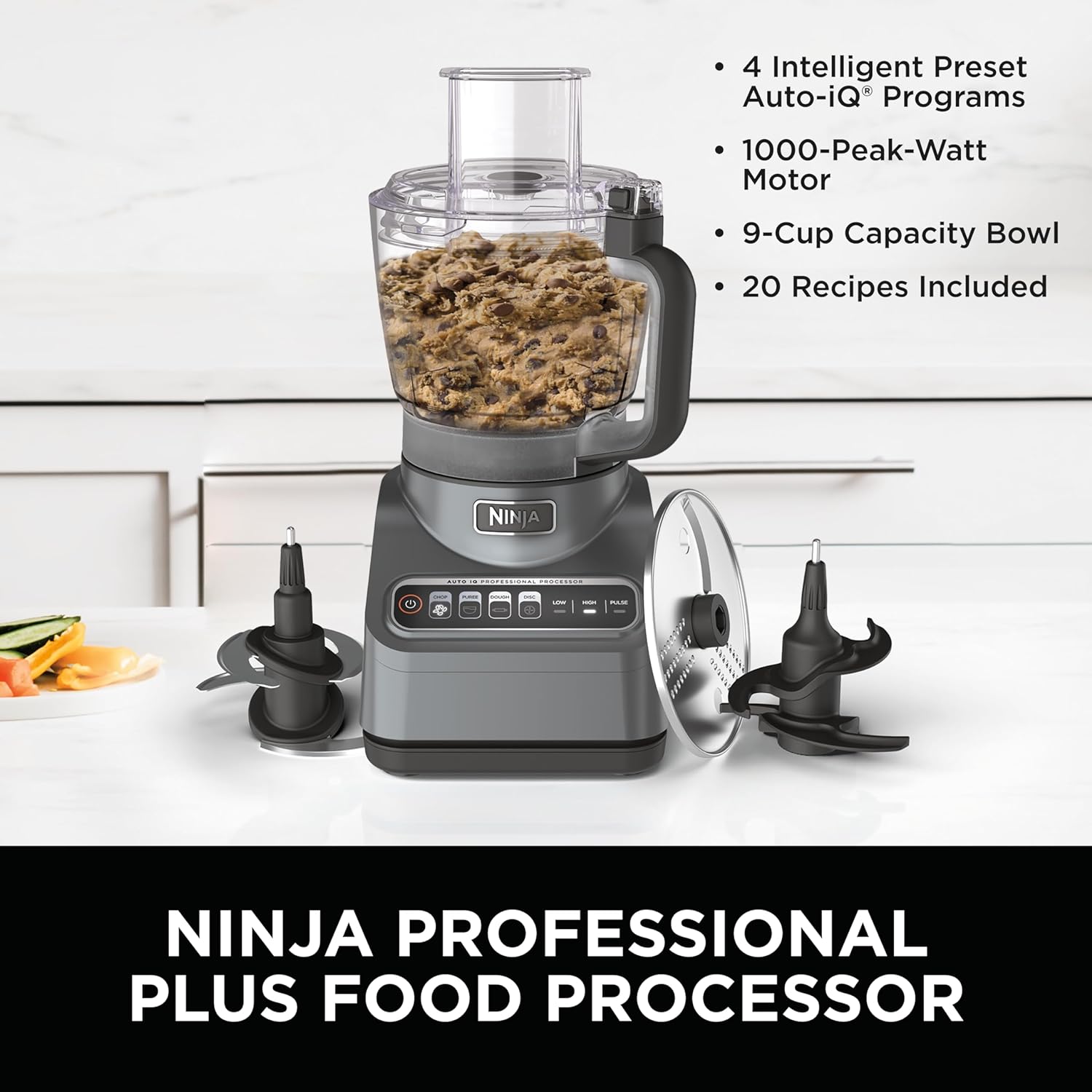 Ninja Food Processor, Professional Plus, 1000 Peak Watts, 4 Functions for Chopping, Slicing, Purees & Dough with 9-Cup Processor Bowl, 3 Blades, Food Chute & Pusher, Silver, BN601