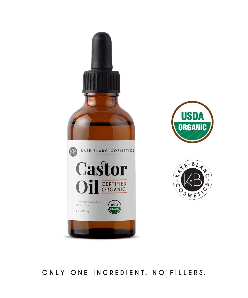 Kate Blanc Cosmetics Castor Oil Organic (2oz), 100% Pure, Cold Pressed, Hexane Free. Stimulate Growth for Hair, Eyelashes, Eyebrows. Hair Treatment Starter Kit & Skin Moisturizer