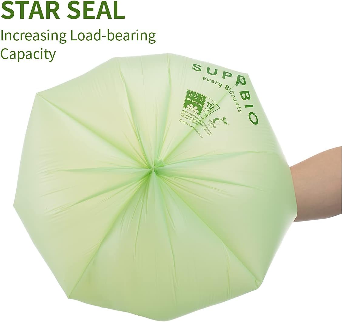 SUPERBIO 1.6 Gallon Handle Tie Compostable Food Scrap Bags For Counter Top Compost Bin, Small Compost Bags, 50 Count, 6 Liter, BPI & OK compost INDUSTRIAL Certified