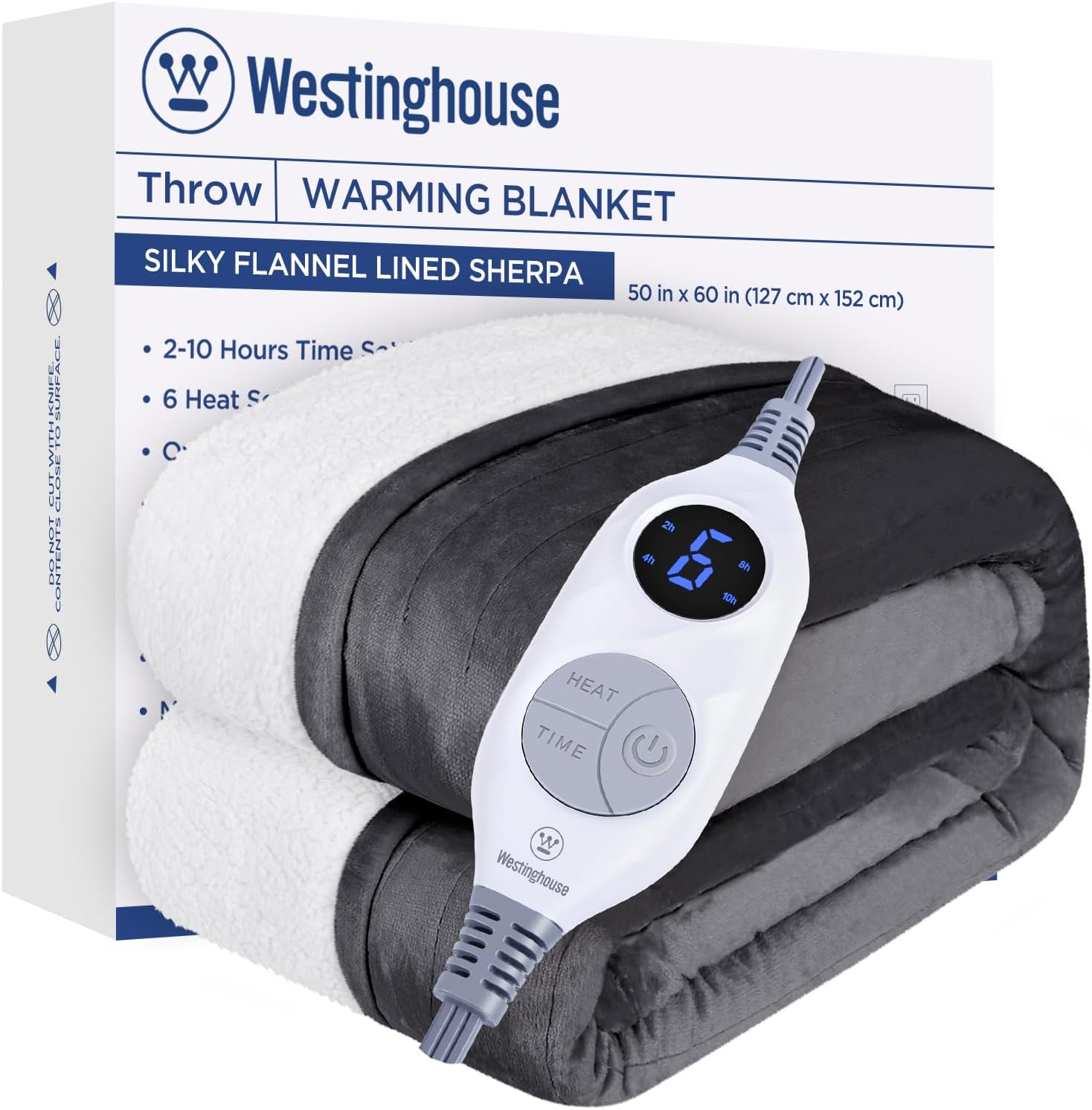 Westinghouse Heated Throw Blanket, Soft Flannel to Sherpa Electric Throw with 6 Heating Levels, 2-10 Hours Time Settings, Fast Heating, Machine Washable 50x60 Inch, Charcoal