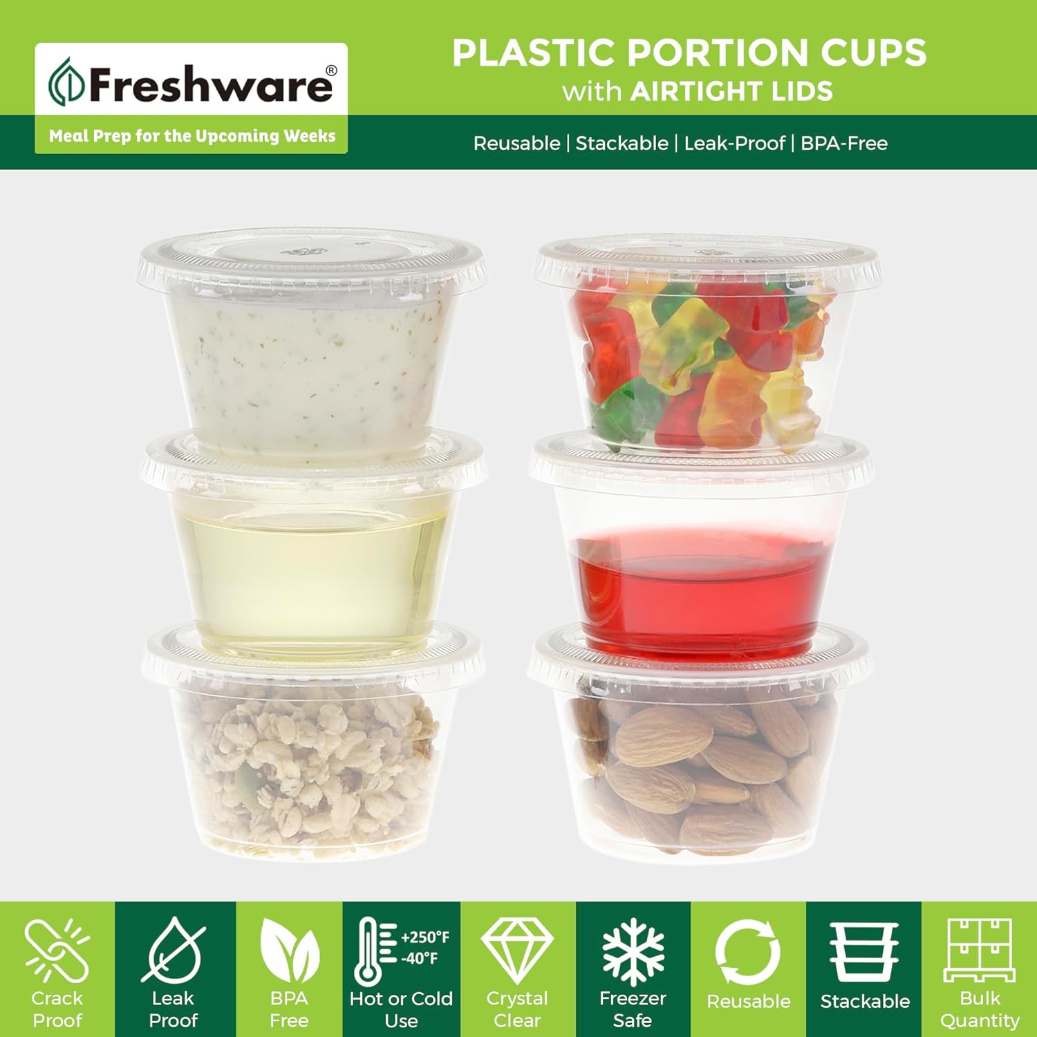 Freshware 200-Piece Polypropylene Portion Cups, Clear | 2 Ounce | 200 Sets | Cups with Lids