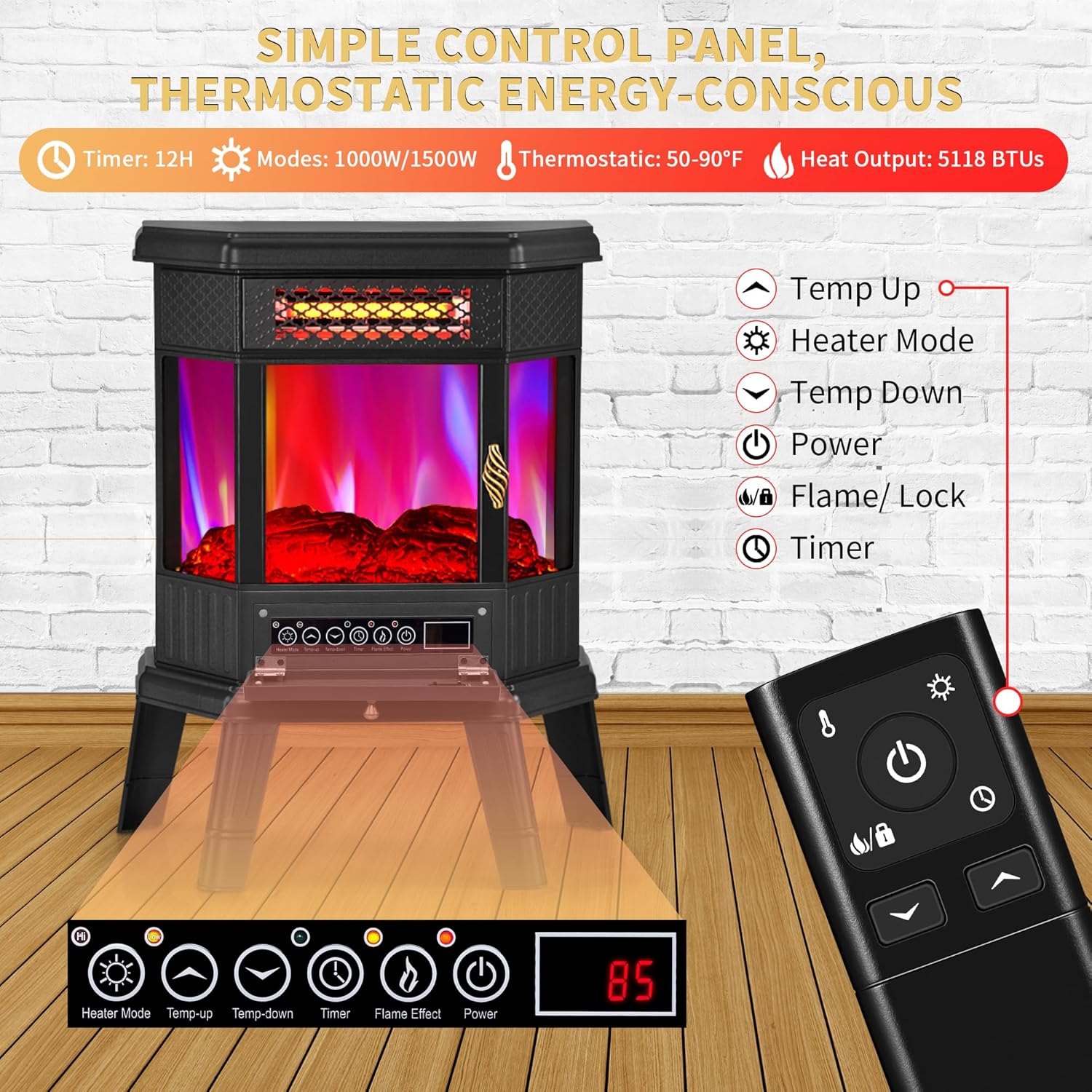 RealSmart Electric Fireplace Heater 22 in Freestanding Fireplace Stove Infrared Fireplace with 3D Flame Effect Remoted Control, Timer, Overheating Protection (Gray)