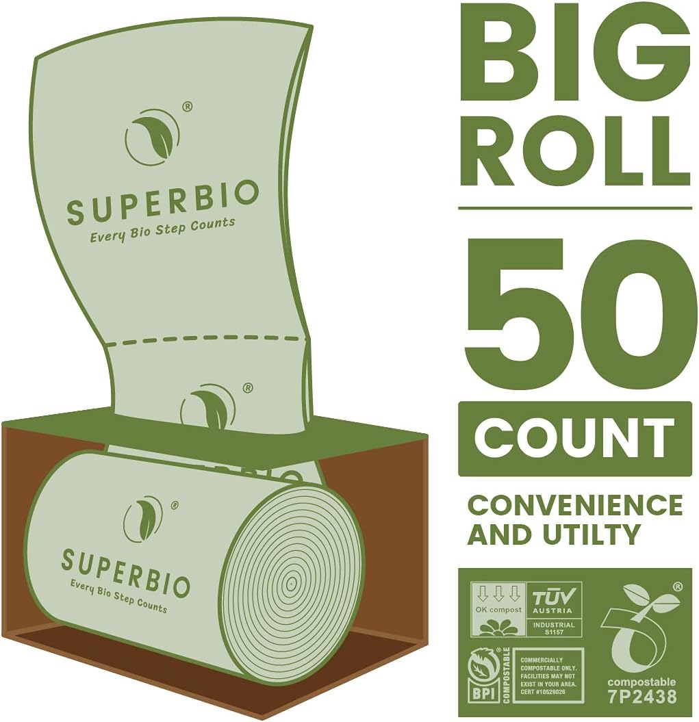 SUPERBIO 1.6 Gallon Handle Tie Compostable Food Scrap Bags For Counter Top Compost Bin, Small Compost Bags, 50 Count, 6 Liter, BPI & OK compost INDUSTRIAL Certified