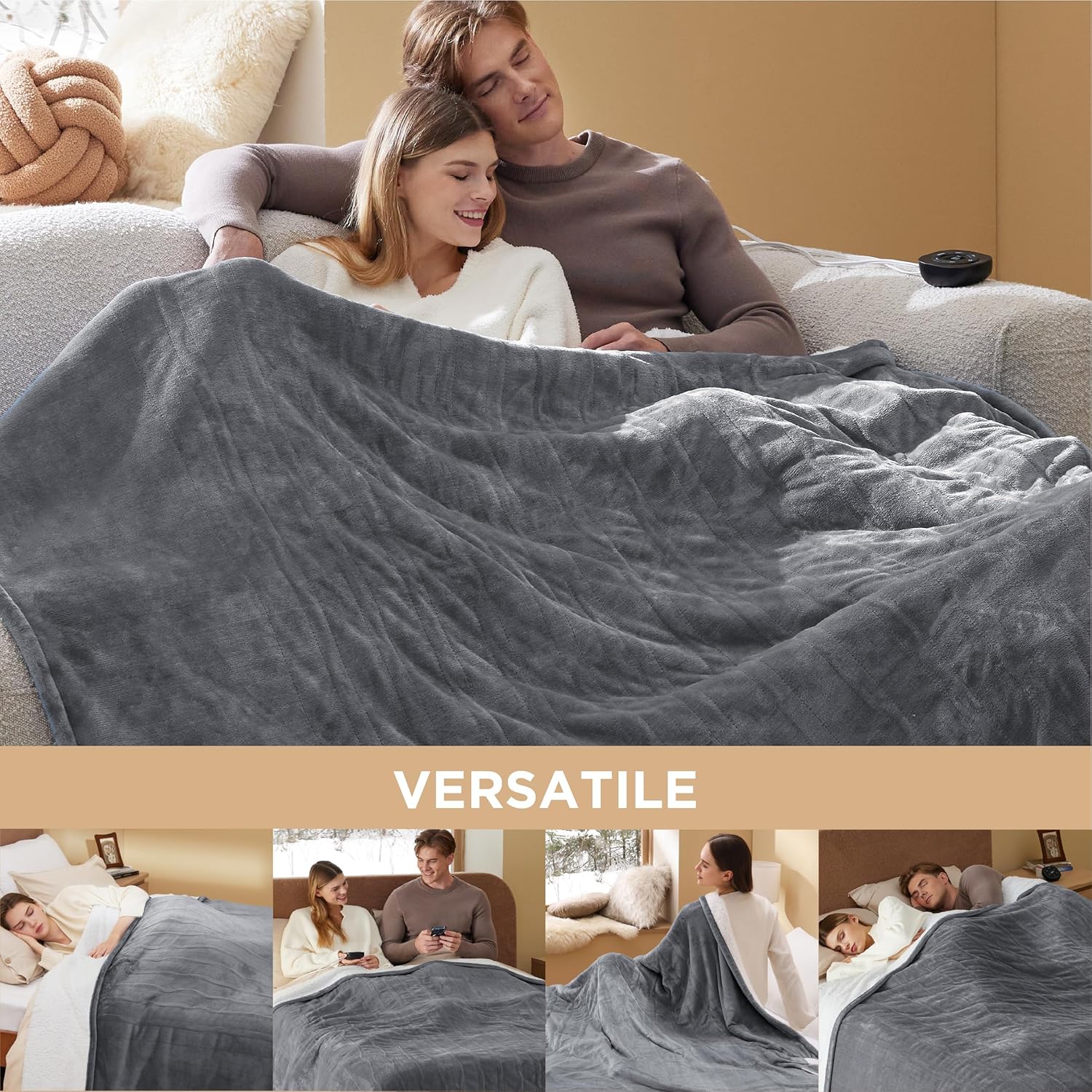 Bedsure Heated Blanket Electric Throw - Soft Flannel Electric Blanket, Heating Blanket with 4 Time Settings & 6 Heat Settings, Warm Blanket Gift for Grandma (50x60 inches, Grey)