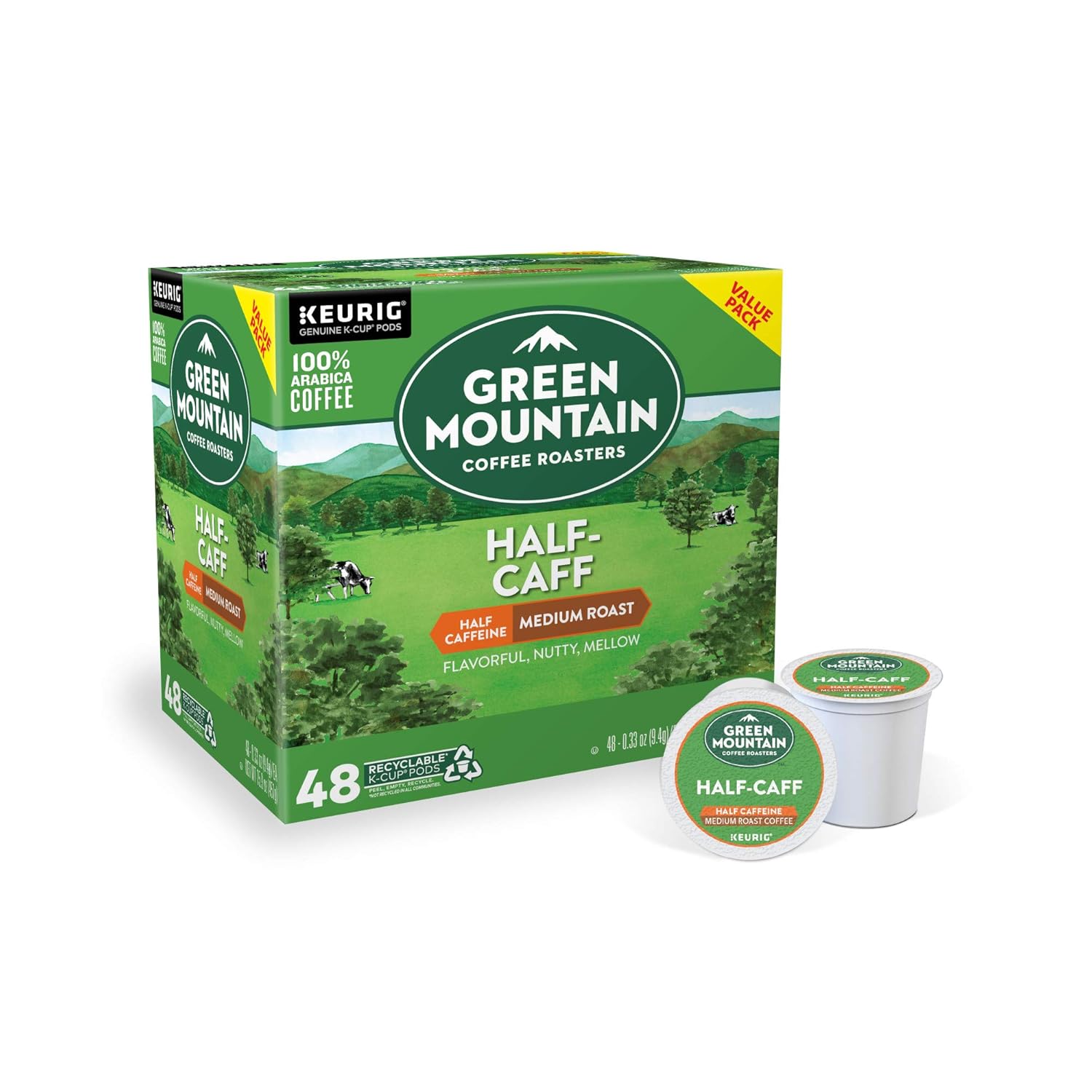 Green Mountain Coffee Roasters Half Caff Keurig Single-Serve K-Cup pods, Medium Roast Coffee, 72 Count (6 Packs of 12)