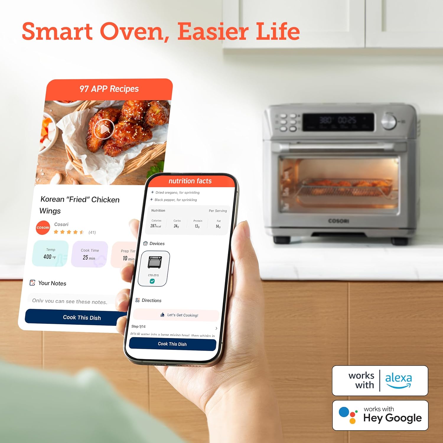 COSORI Smart 11-in-1 Air Fryer Toaster Oven Combo, Airfryer Convection Oven Countertop, Bake, Roast, Reheat, Broil, Dehydrate, 94 Recipes & 3 Accessories, 26QT, Silver, Stainless Steel