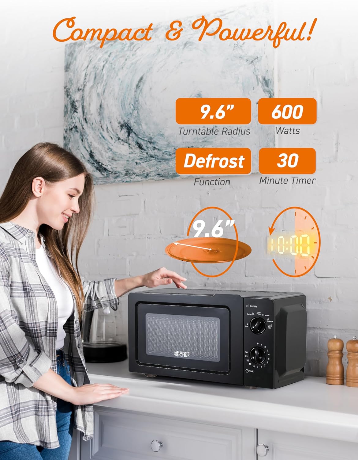 COMMERCIAL CHEF 0.6 Cubic Foot Microwave with 6 Power Levels, Small Microwave with Grip Handle, 700W Countertop Microwave with 30 Minute Timer and Mechanical Dial Controls, White