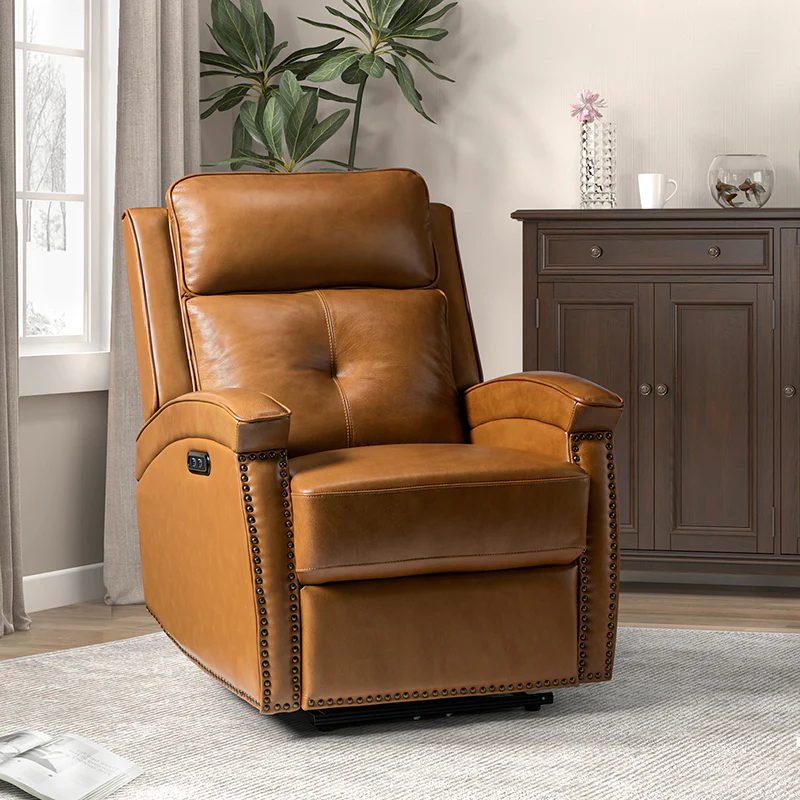 Stefan Genuine Leather Power Recliner with Nailhead Trim