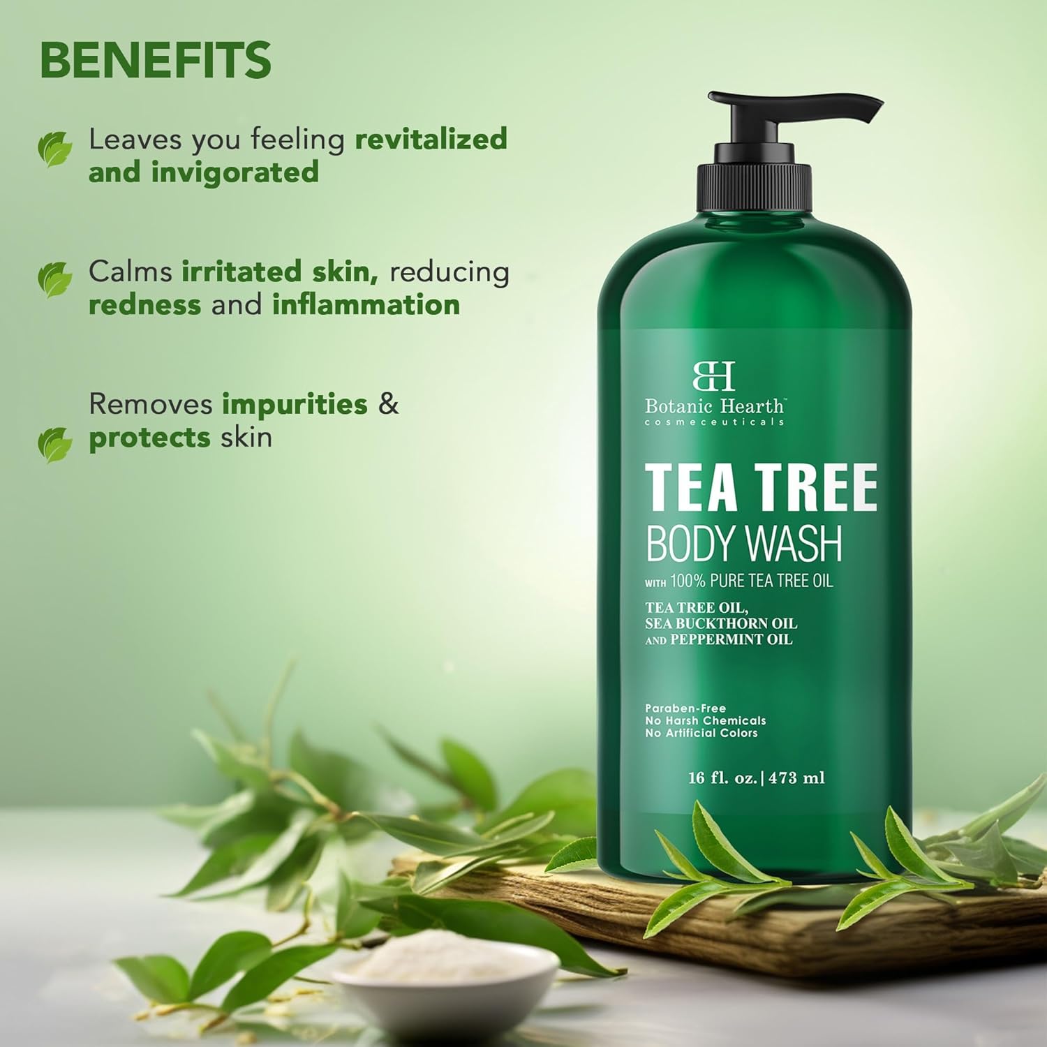 Botanic Hearth Tea Tree Body Wash - 16 fl oz - Helps Soothe Itchy, Dry Skin, Antifungal Body Wash with 100% Pure Tea Tree Oil - Sulfate Free, Paraben Free, for Men and Women
