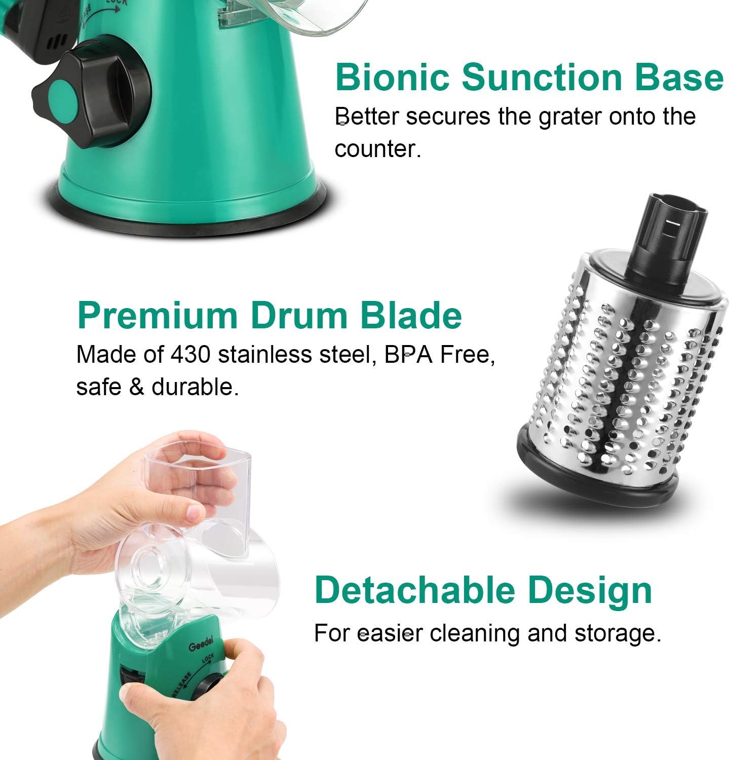 Geedel Rotary Cheese Grater, Kitchen Mandoline Vegetable Slicer with 3 Interchangeable Blades, Easy to Clean Grater for Fruit, Vegetables, Nuts