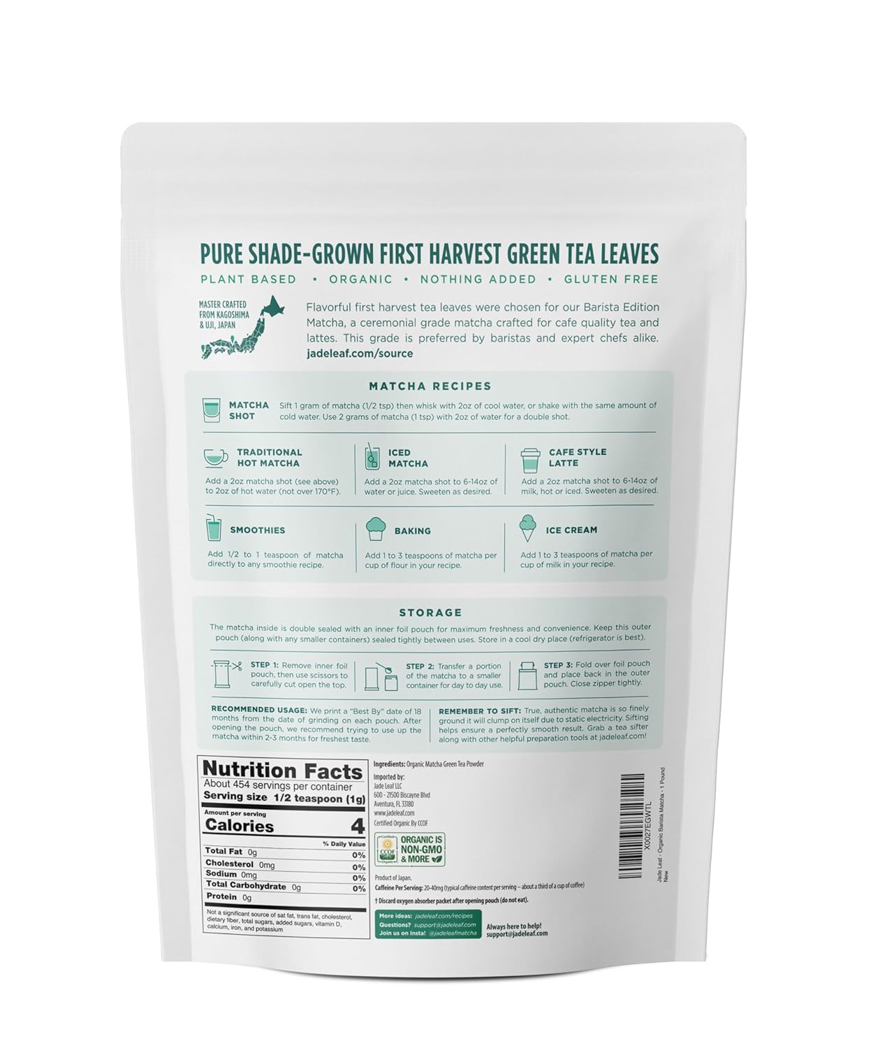 Jade Leaf Matcha Organic Green Tea Powder - Culinary Grade Premium Second Harvest - Authentic Japanese Origin (1.06 Ounce Pouch)
