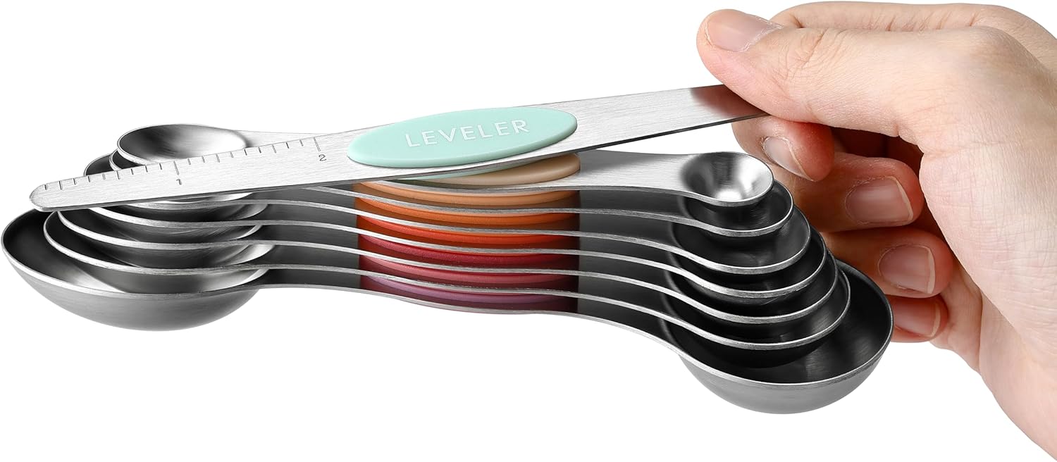 Spring Chef Magnetic Measuring Spoons Set with Strong N45 Magnets, Heavy Duty Stainless Steel Metal, Fits in Most Kitchen Spice Jars for Baking & Cooking, BPA Free, Black, Set of 8 with Leveler