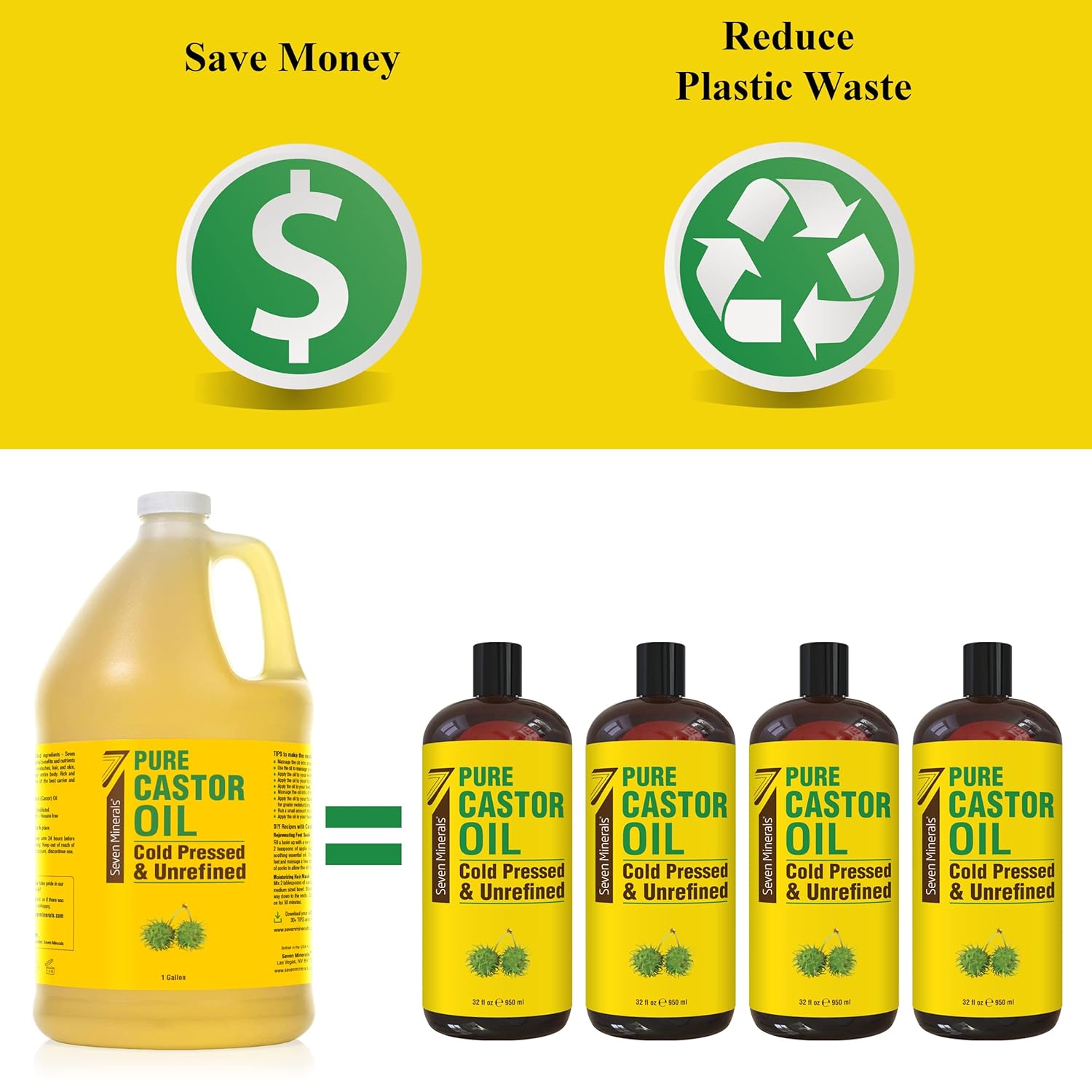 Pure Cold Pressed Castor Oil - Big 32 fl oz Bottle - Unrefined & Hexane Free - 100% Pure Castor Oil for Hair Growth, Thicker Eyelashes & Eyebrows, Dry Skin, Healing, Hair Care, Joint and Muscle Pain