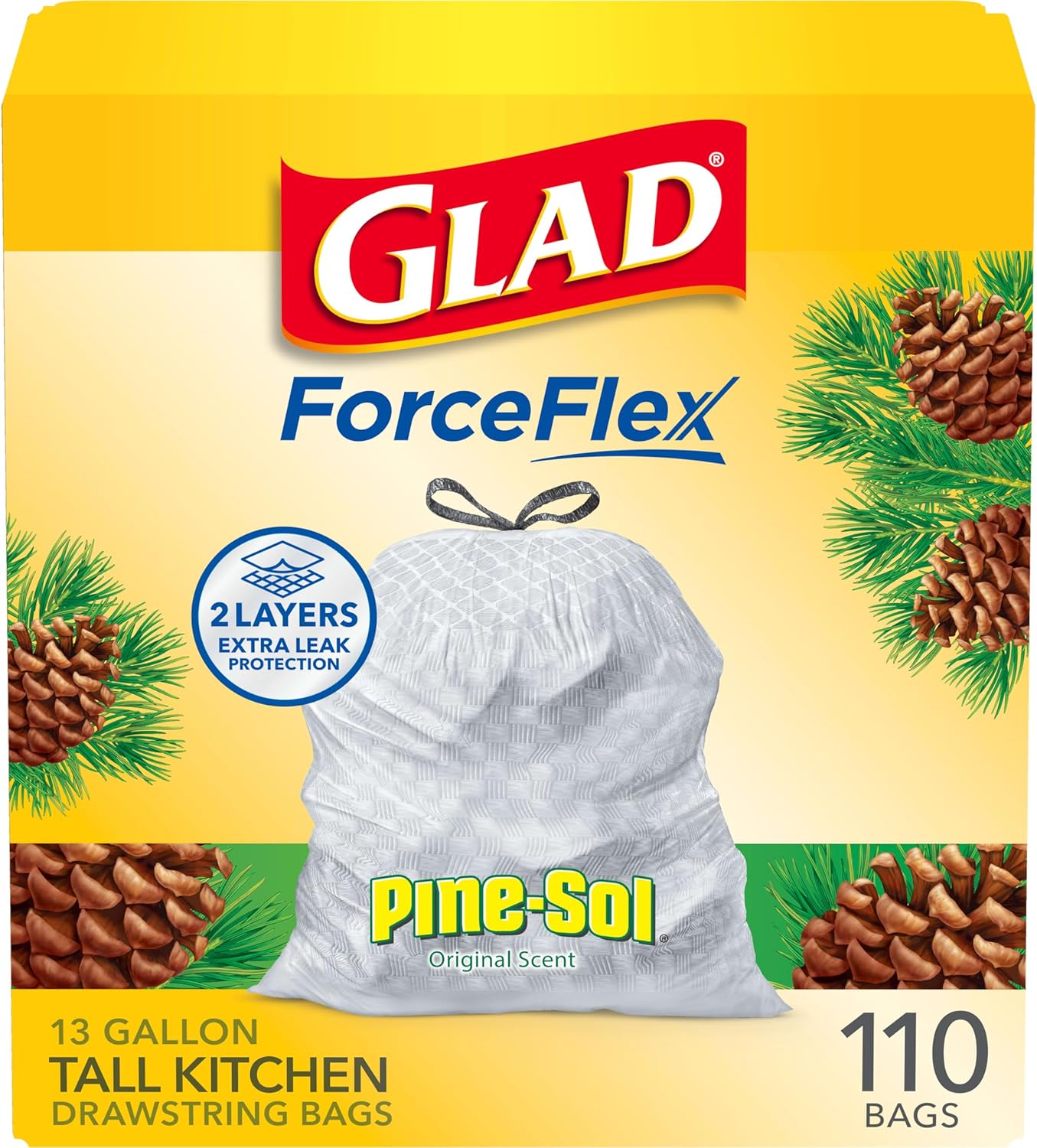 Glad Tall Kitchen Drawstring Trash Bags - Odorshield 13 Gallon White Trash Bag, Febreze Fresh Clean, 110 Count