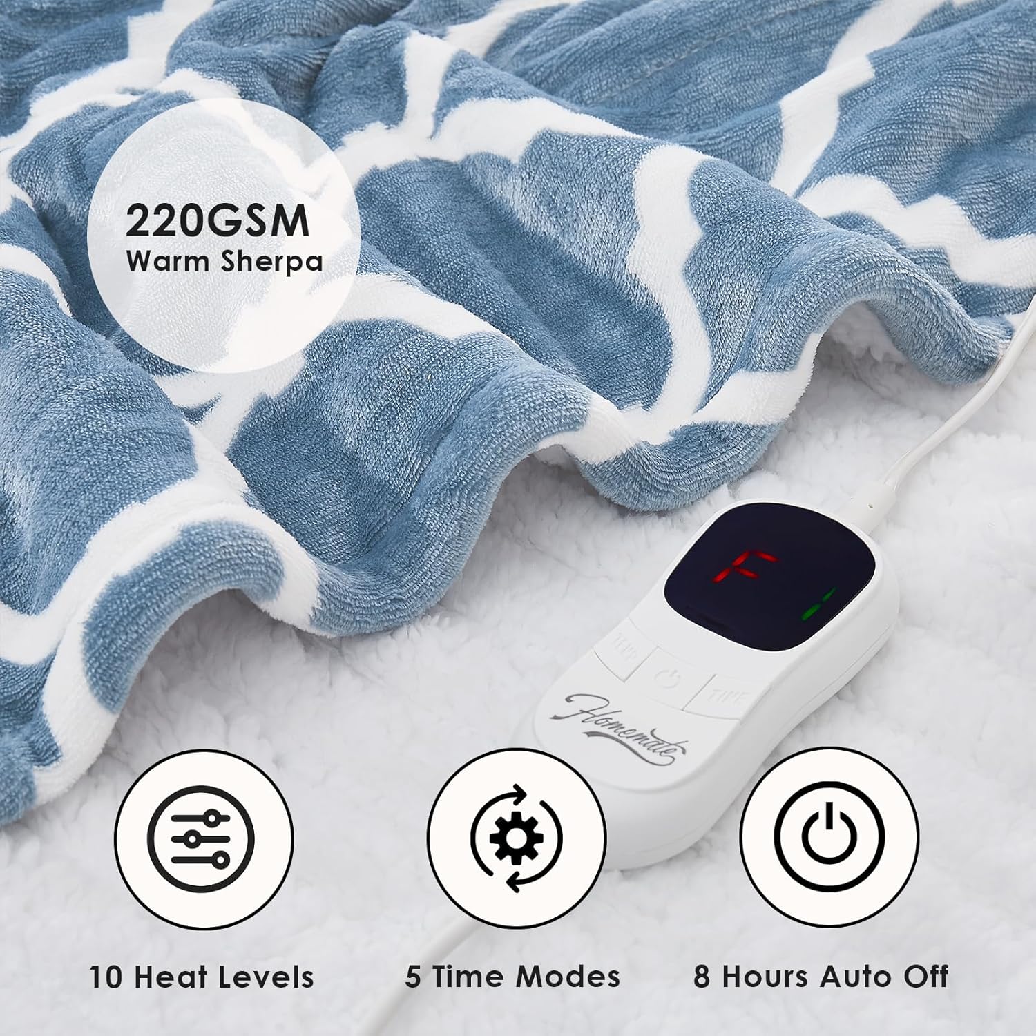 Homemate Heated Blanket Electric Throw - 50“x60“ Heating Blanket with 10 Fast Heat Levels 8 Hours Auto Off Soft Cozy Flannel Over-Heated Protection ETL Certification Keep Warming in Home