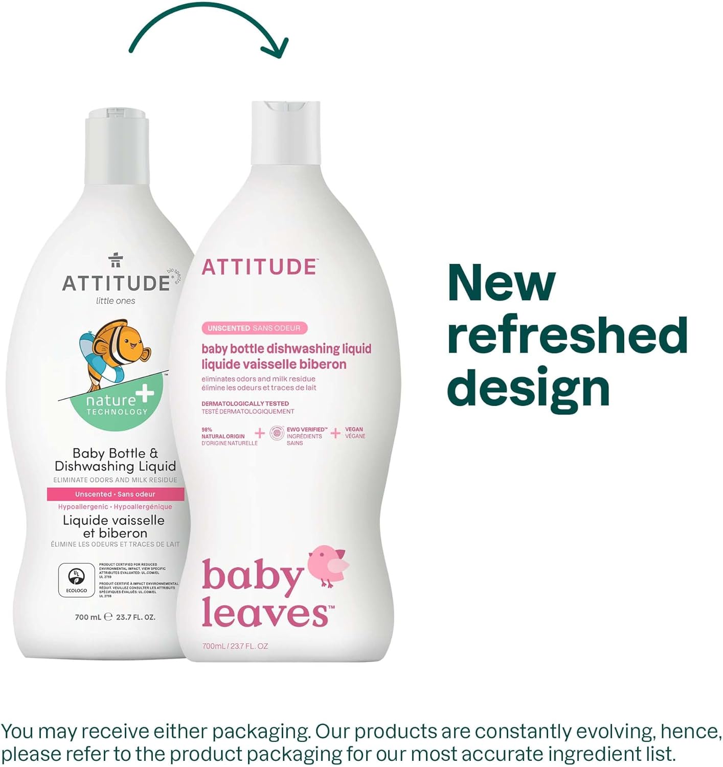 ATTITUDE Baby Dish Soap and Bottle Cleaner, EWG Verified Dishwashing Liquid, No Added Dyes or Fragrances, Tough on Milk Residue and Grease, Vegan, Unscented, 33.8 Fl Oz