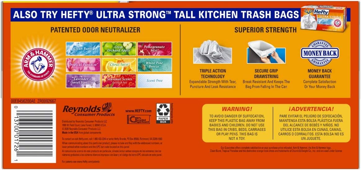 Hefty Strong Tall Kitchen Trash Bags, Unscented, 13 Gallon, 90 Count, White,Packaging may vary