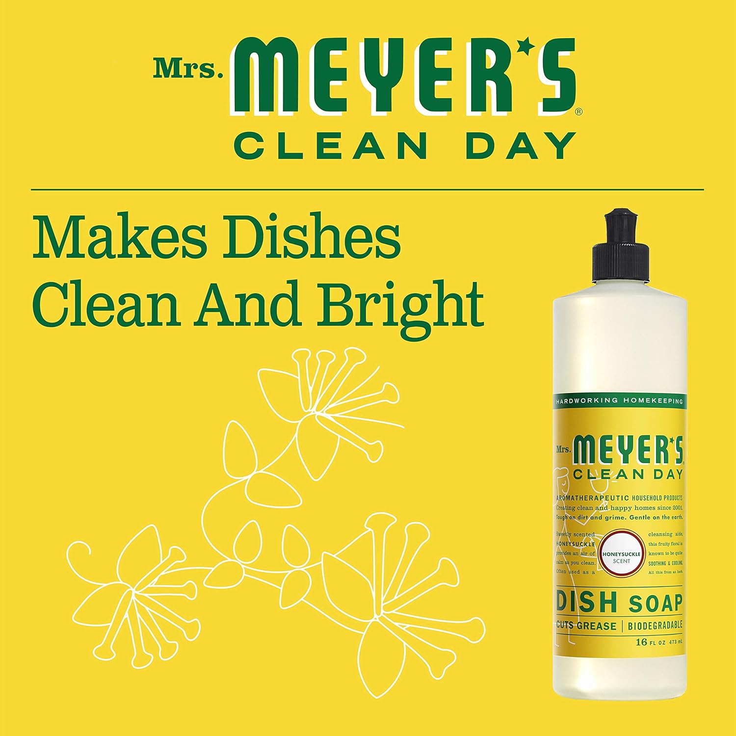 MRS. MEYER'S CLEAN DAY Liquid Dish Soap, Biodegradable Formula, Basil, 16 fl. oz - Pack of 3