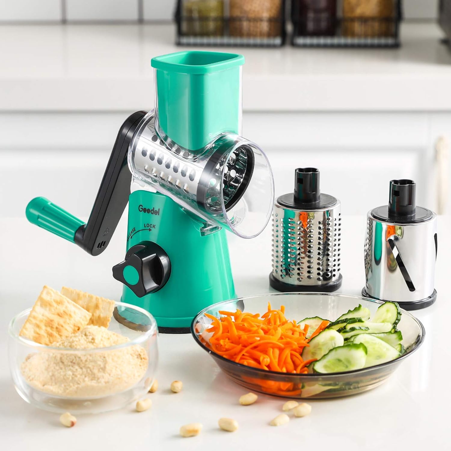 Geedel Rotary Cheese Grater, Kitchen Mandoline Vegetable Slicer with 3 Interchangeable Blades, Easy to Clean Grater for Fruit, Vegetables, Nuts
