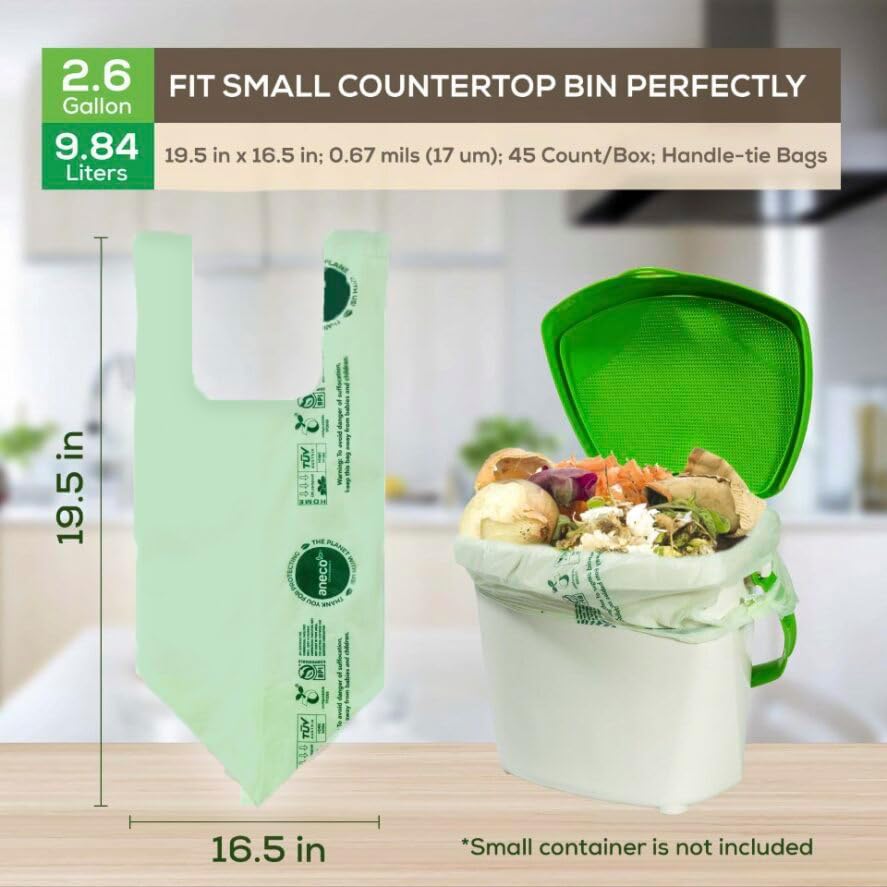 ANECO 100% Compostable Waste Bags 2.6 Gallon, Extra Thick Kitchen Small Compost Bags for Countertop Bin (100 Count)