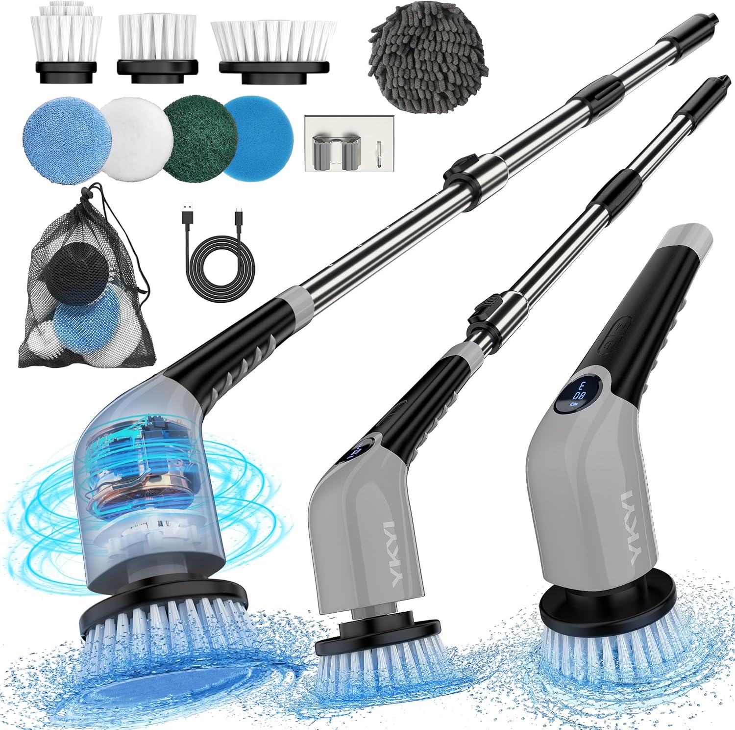 YKYI Electric Spin Scrubber,Cordless Cleaning Brush,Shower Cleaning Brush with 8 Replaceable Brush Heads, Power Scrubber 3 Adjustable Speeds,Adjustable & Detachable Long Handle,Voice Broadcast