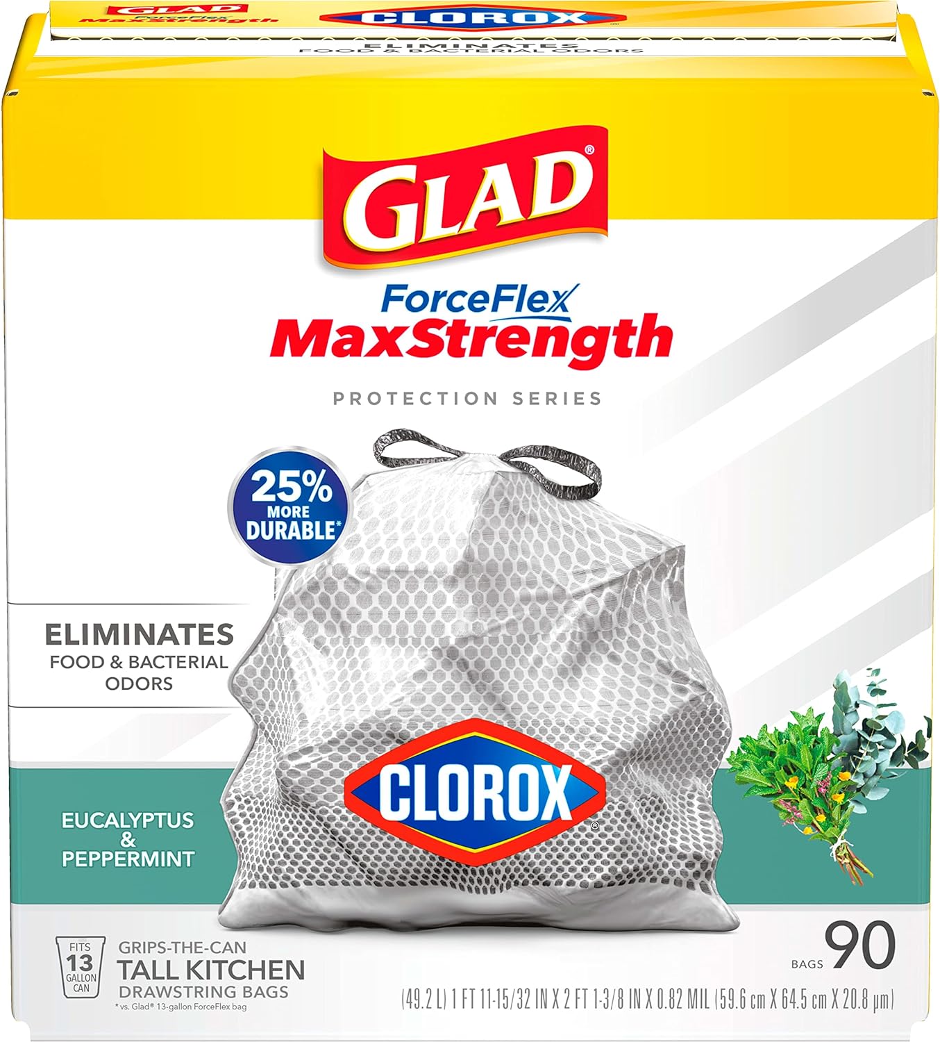Glad ForceFlex MaxStrength with Clorox Trash Bags, 13 Gal, Lemon Fresh Bleach, 90 Ct, Pack May Vary