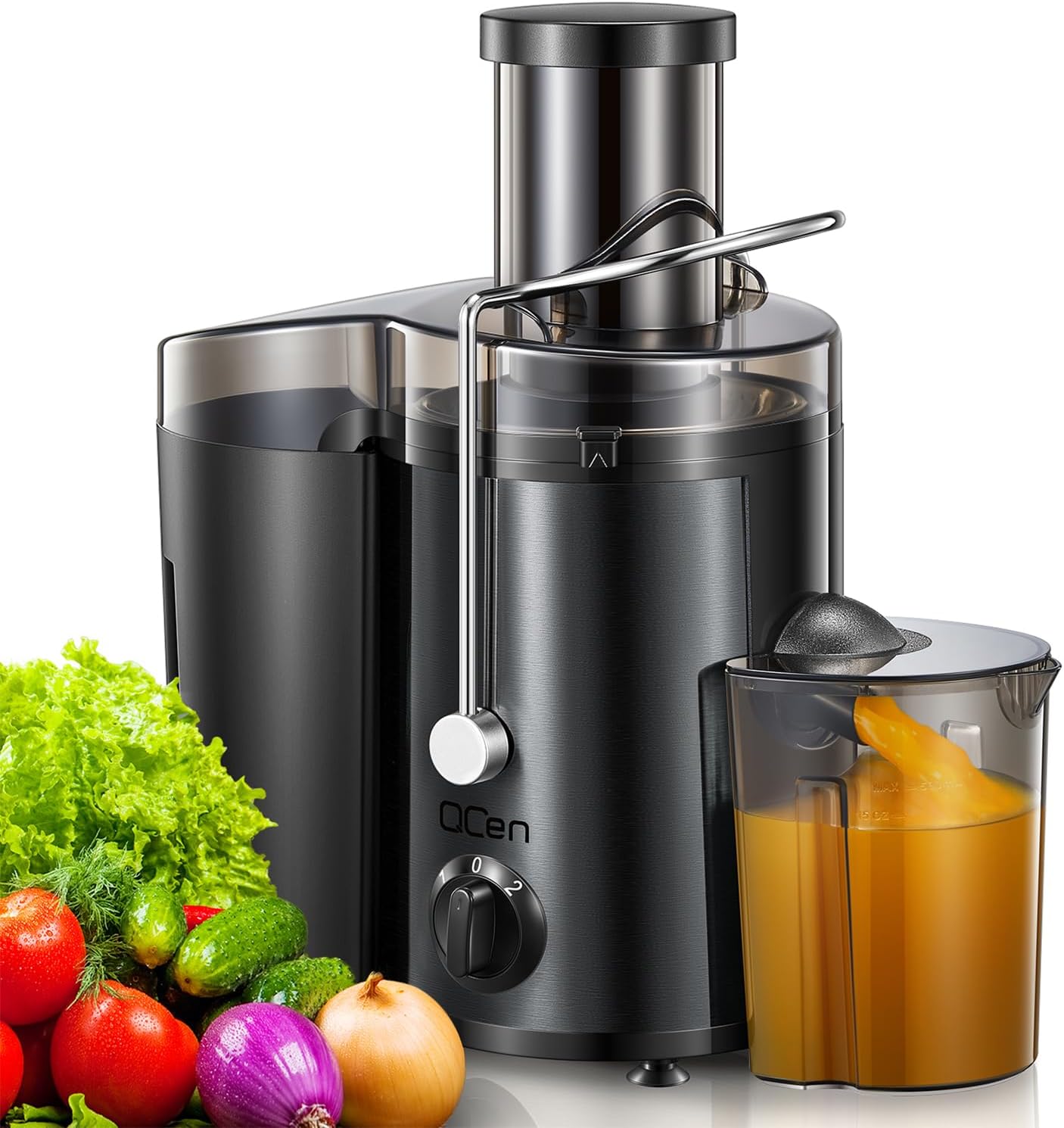 Qcen Juicer Machine, 800W Centrifugal Juicer Extractor with Wide Mouth 3” Feed Chute for Fruit Vegetable, Easy to Clean, Stainless Steel, BPA-free (Black)