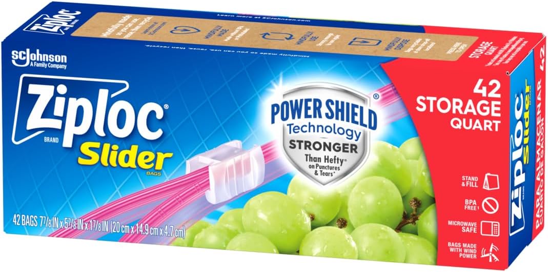 Ziploc Quart Food Storage Slider Bags, Power Shield Technology for More Durability, 42 Count