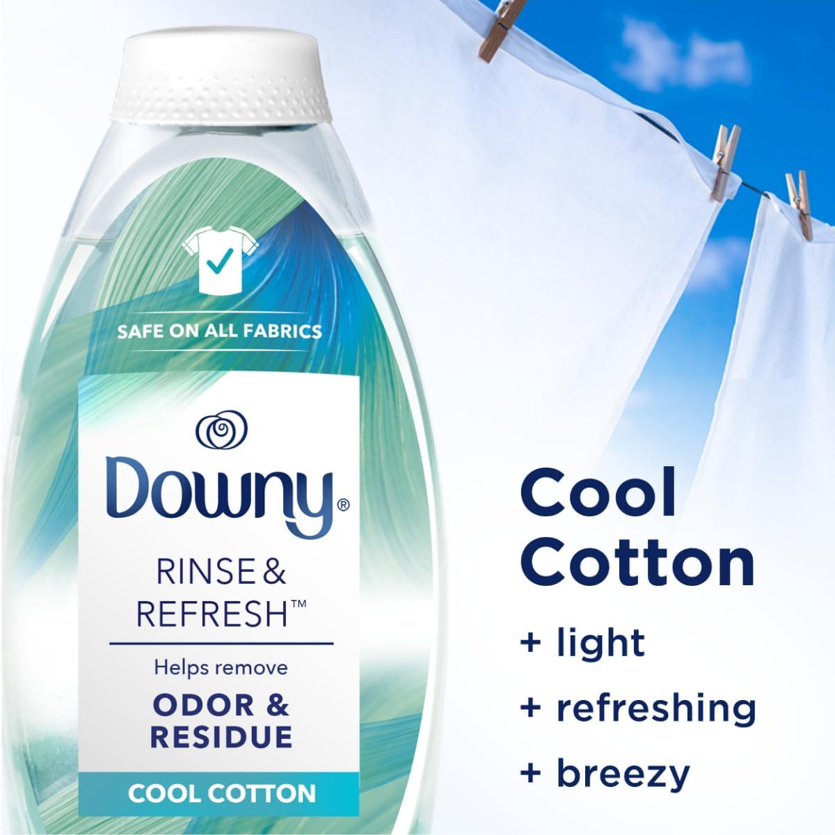 Downy Rinse & Refresh Laundry Odor Remover And Fabric Softener, Cool Cotton, 48 Fl Oz, HE Compatible Laundry Sanitizer, Safe On All Fabrics, Fabric Softener Liquid
