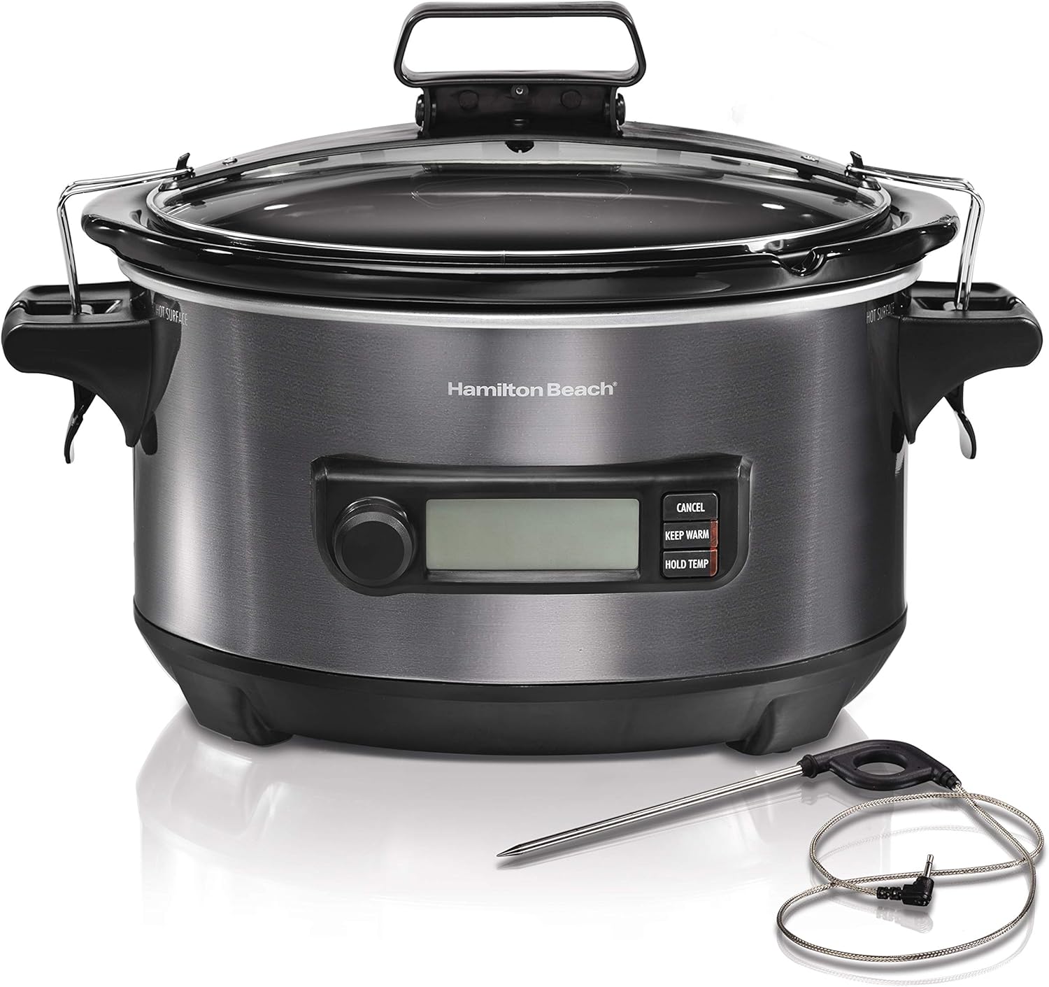 Hamilton Beach Portable 6 Quart Set & Forget Digital Programmable Slow Cooker with Lid Lock, Temperature Probe, Dishwasher Safe Crock & Lid, Black Stainless (33866)