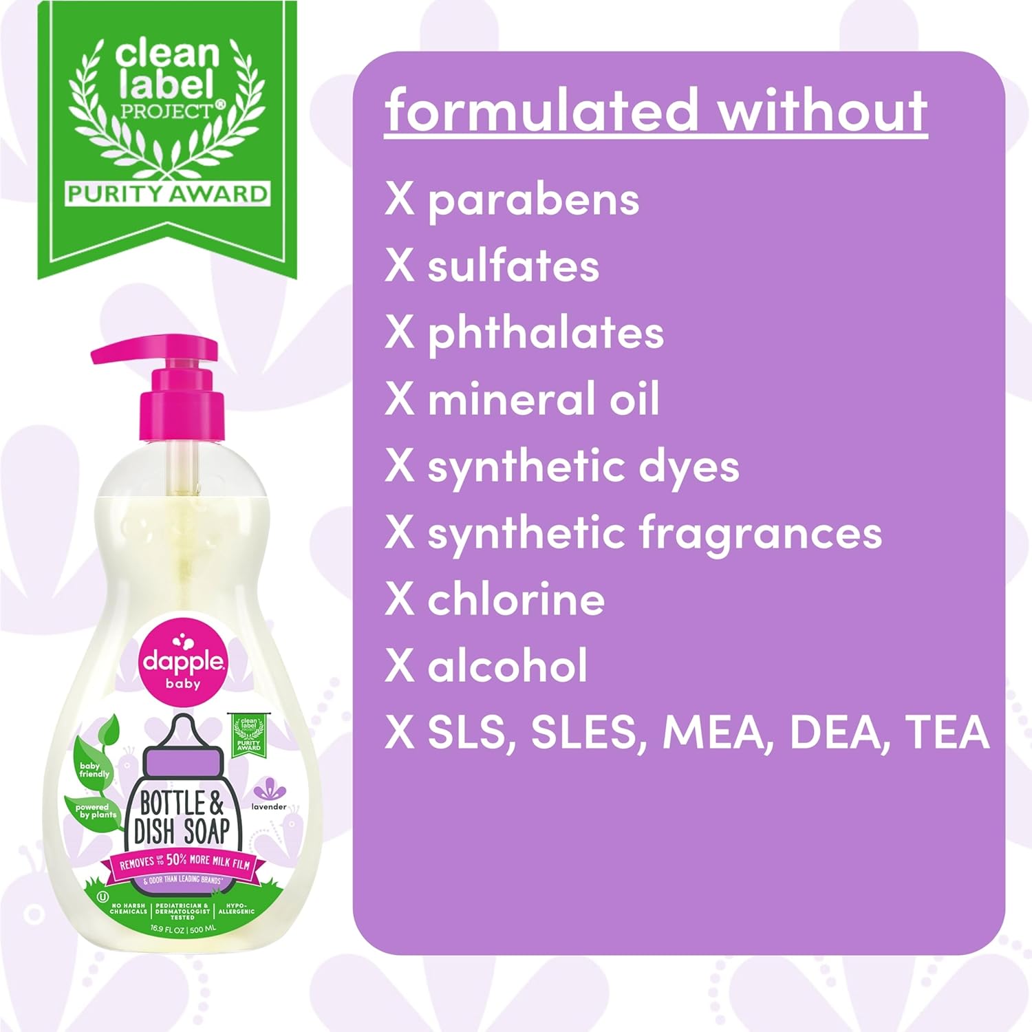 Dapple Baby Bottle Soap, Hypoallergenic Dish Soap for Baby Bottles, Powered by Plants, 1 Pump Included, Packaging May Vary, Fragrance Free, 16.9 Fl Oz (Pack of 3)