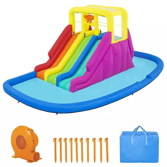 Three Slide Kids Inflatable Water Park (Multiple Colors) - A water park suitable for children, with a paddling pool, three-color slides, blower