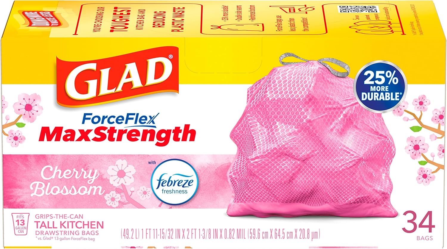 Glad ForceFlex MaxStrength with Clorox Trash Bags, 13 Gal, Lemon Fresh Bleach, 90 Ct, Pack May Vary