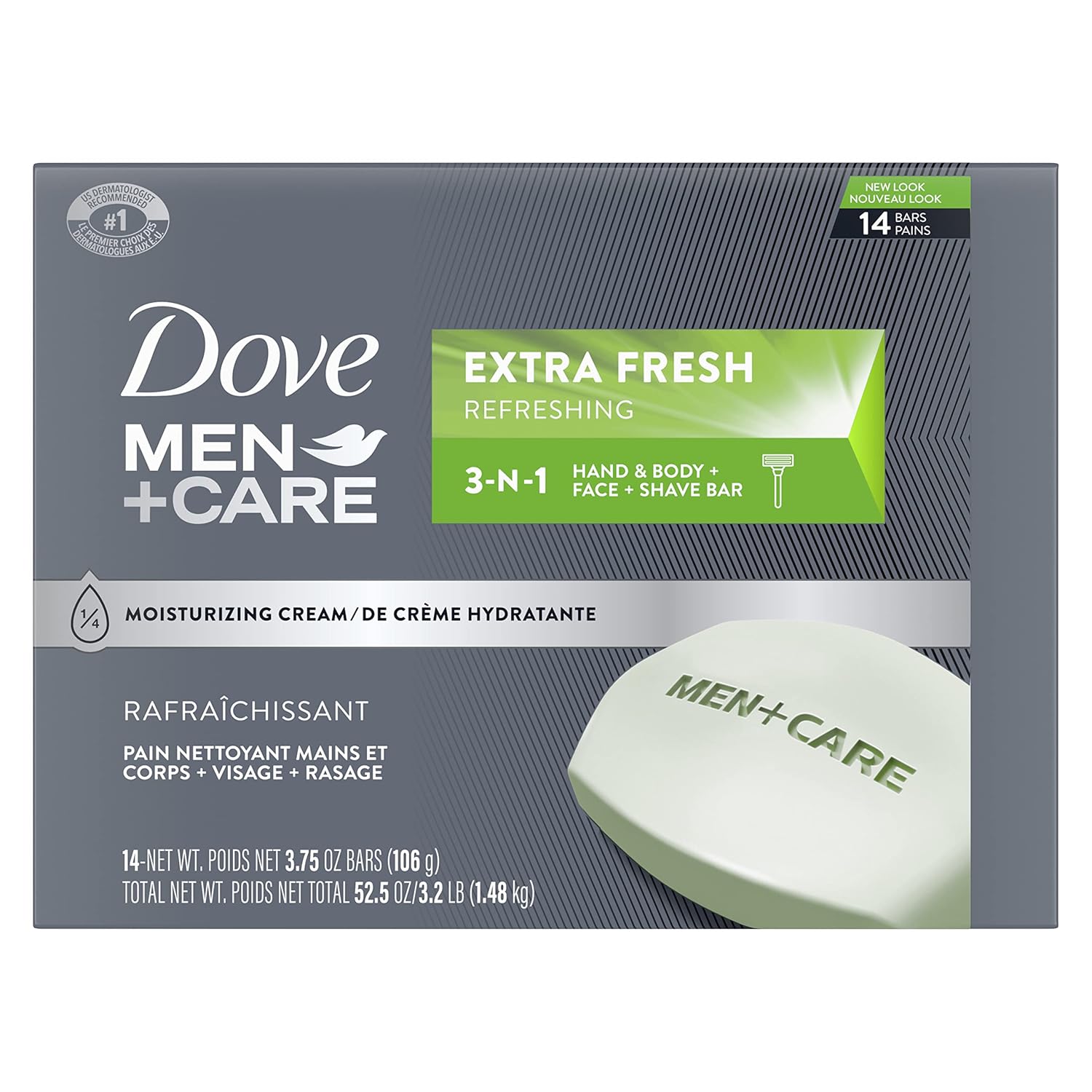 DOVE MEN + CARE 3 in 1 Bar Cleanser for Body, Face, and Shaving Extra Fresh Body and Facial Cleanser More Moisturizing Than Bar Soap to Clean and Hydrate Skin 3.75 Ounce (Pack of 8)