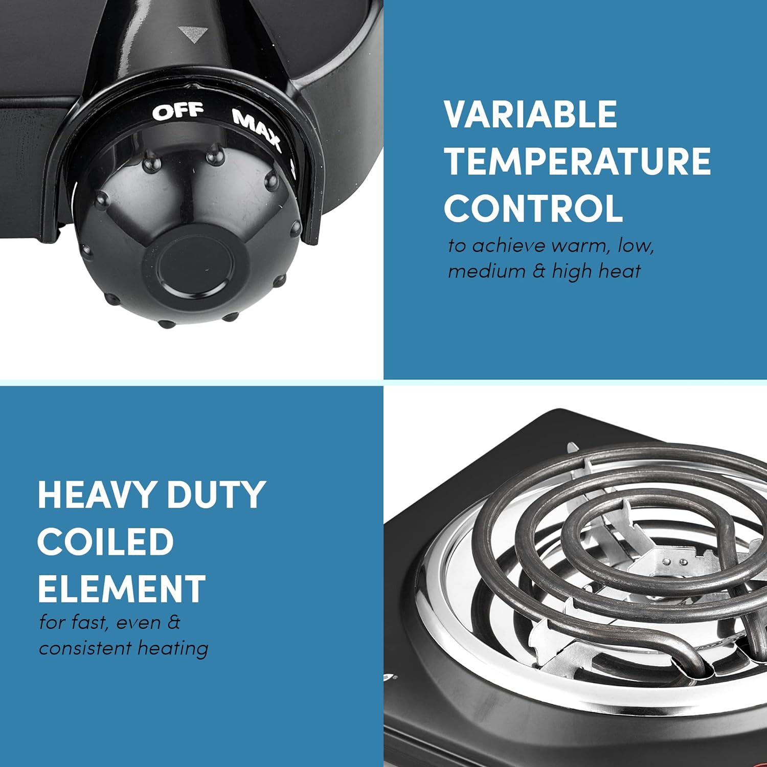 Elite Gourmet EDB-302BF# Countertop Double Cast Iron Burner, 1500 Watts Electric Hot Plate, Temperature Controls, Power Indicator Lights, Easy to Clean, Black