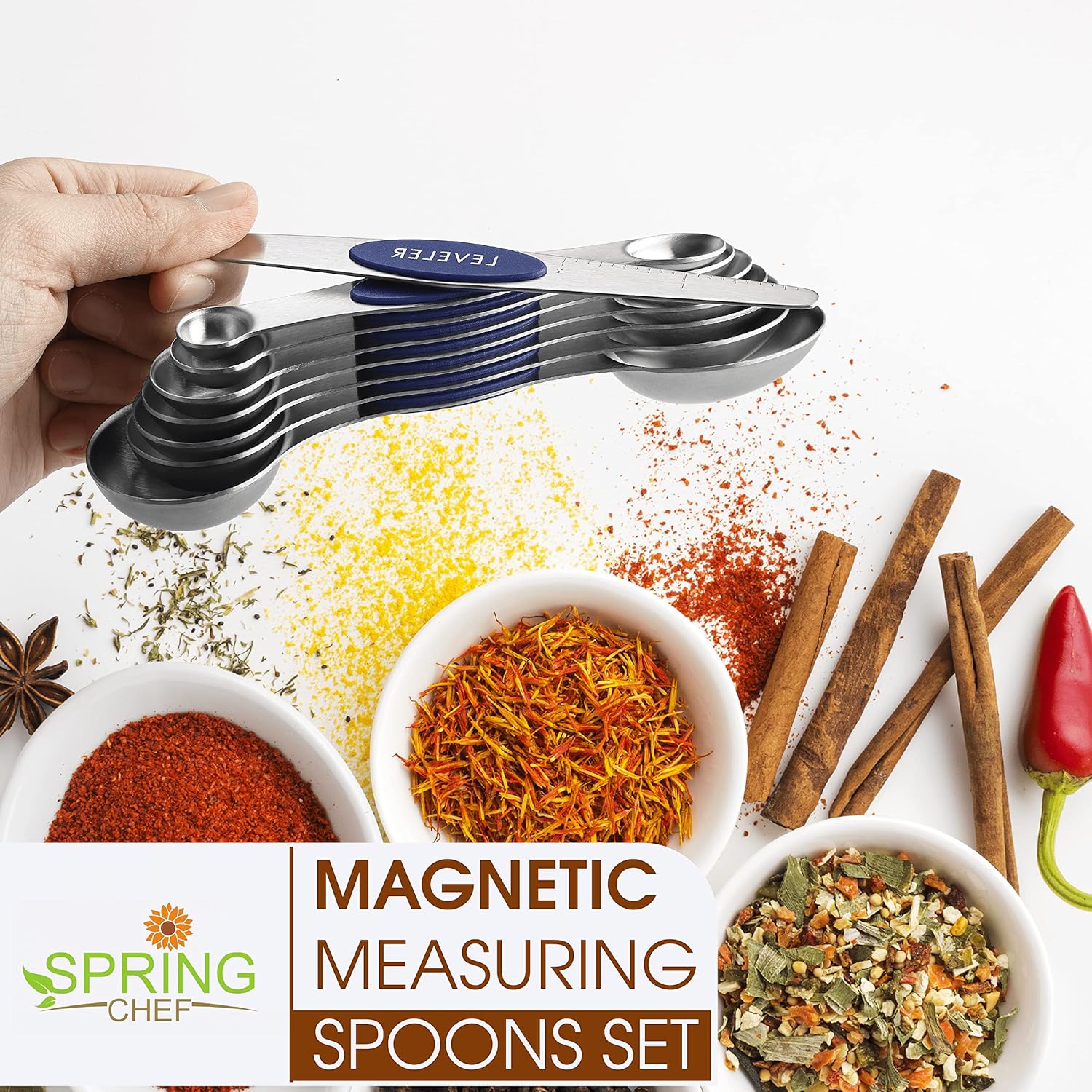 Spring Chef Magnetic Measuring Spoons Set with Strong N45 Magnets, Heavy Duty Stainless Steel Metal, Fits in Most Kitchen Spice Jars for Baking & Cooking, BPA Free, Black, Set of 8 with Leveler