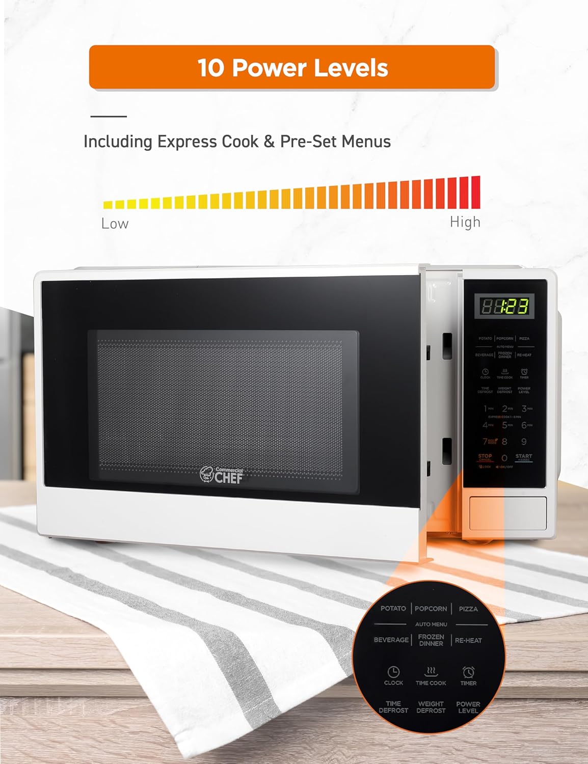 COMMERCIAL CHEF 0.6 Cubic Foot Microwave with 6 Power Levels, Small Microwave with Grip Handle, 700W Countertop Microwave with 30 Minute Timer and Mechanical Dial Controls, White