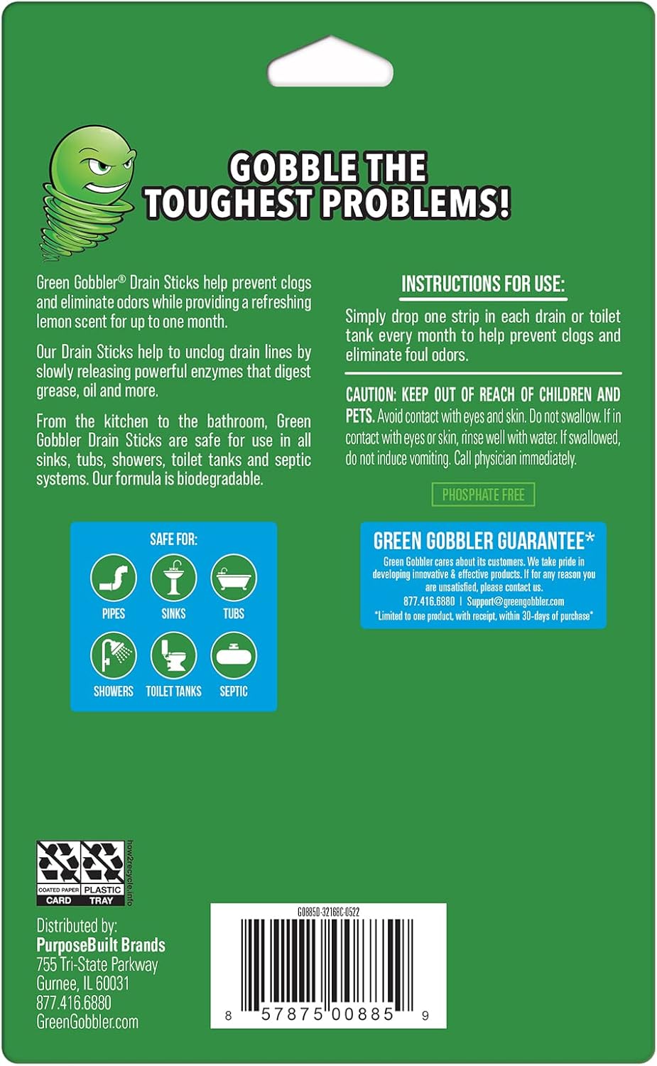 Green Gobbler Drain Cleaner & Deodorizer FRESH SCENT Sticks for Toilet Tanks, Sinks, Bathtub Drains, Washing Machine Drains and Garbage Disposals - 24 Pieces