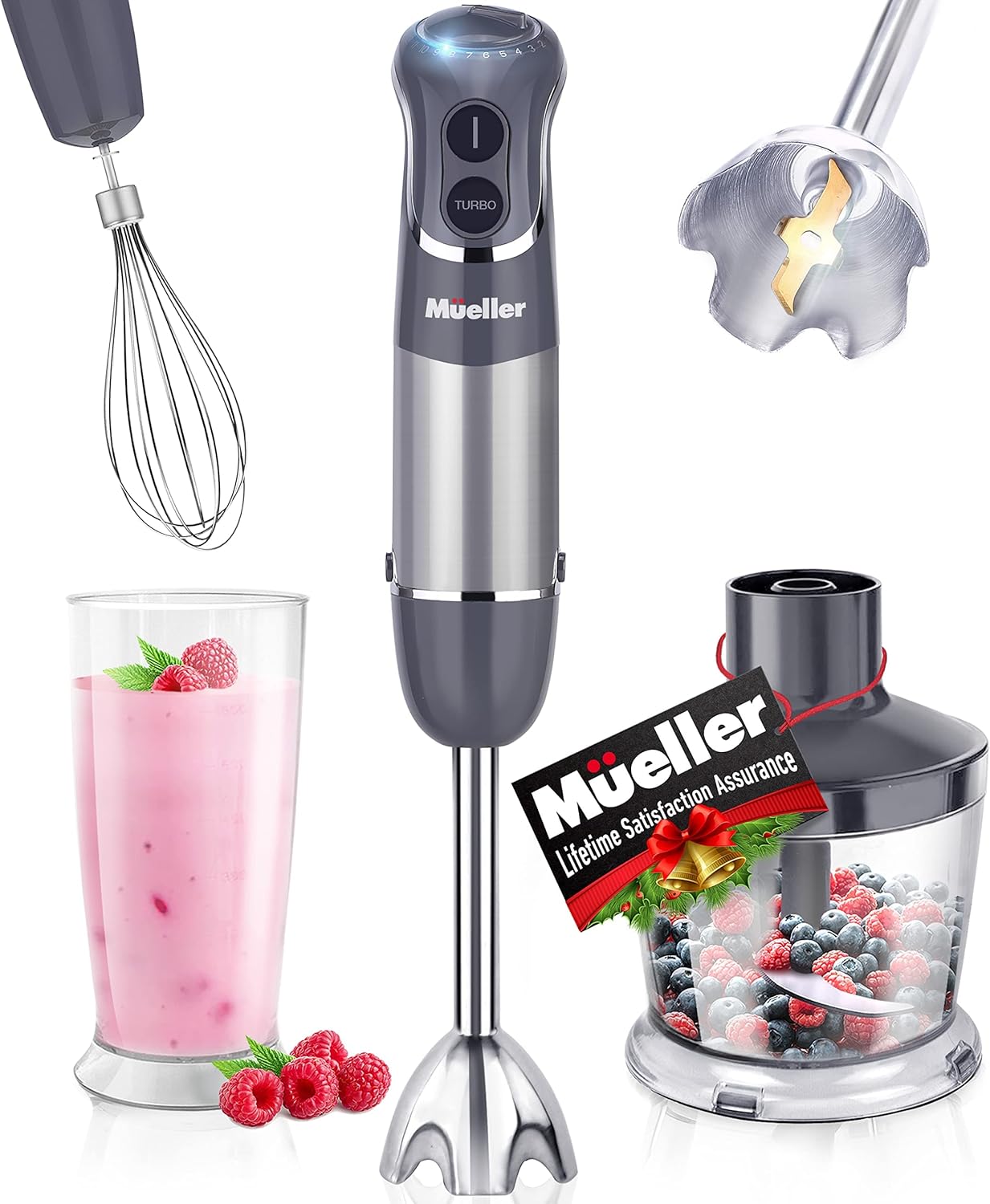 Mueller Multistick 800W 4-in-1 Immersion Blender Handheld, 12 Speed Hand Mixer - Turbo Boost, Heaviest Duty Copper Motor, Titanium Blades Hand Blender, Milk Frother Wand, Whisk, Beaker, Chopper