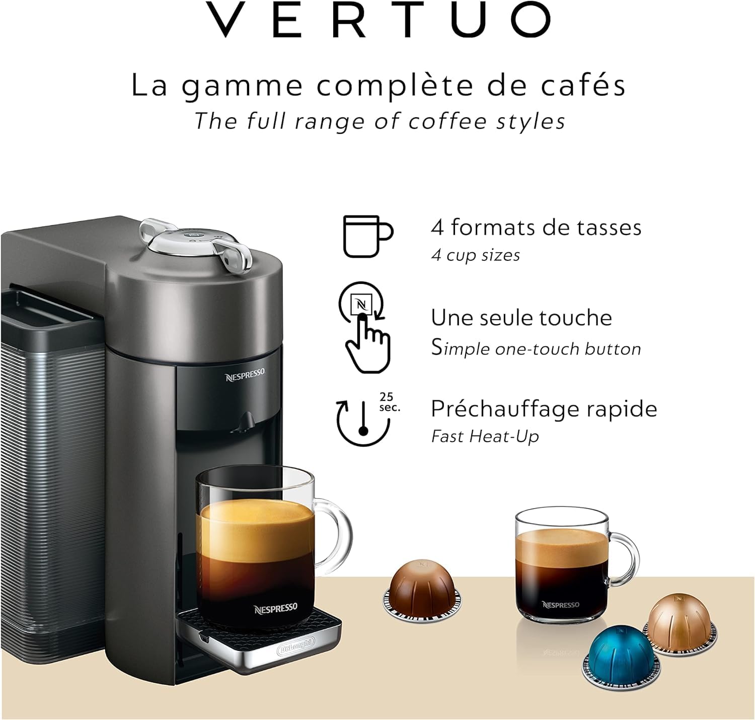 Nespresso Vertuo Coffee and Espresso Maker,1597 ml, by De'Longhi, Graphite Metal