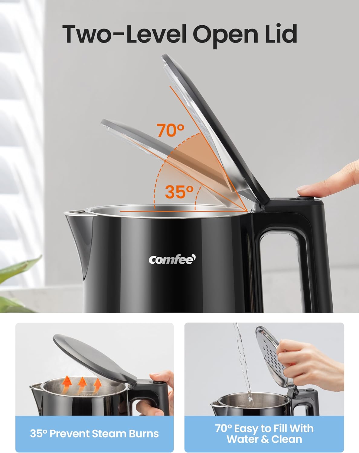 COMFEE' Stainless Steel Electric Kettle, 1.7 Liter Tea Kettle Electric & Hot Water Kettle, 1500W Fast Boil with LED Light, Auto Shut-Off and Boil-Dry Protection