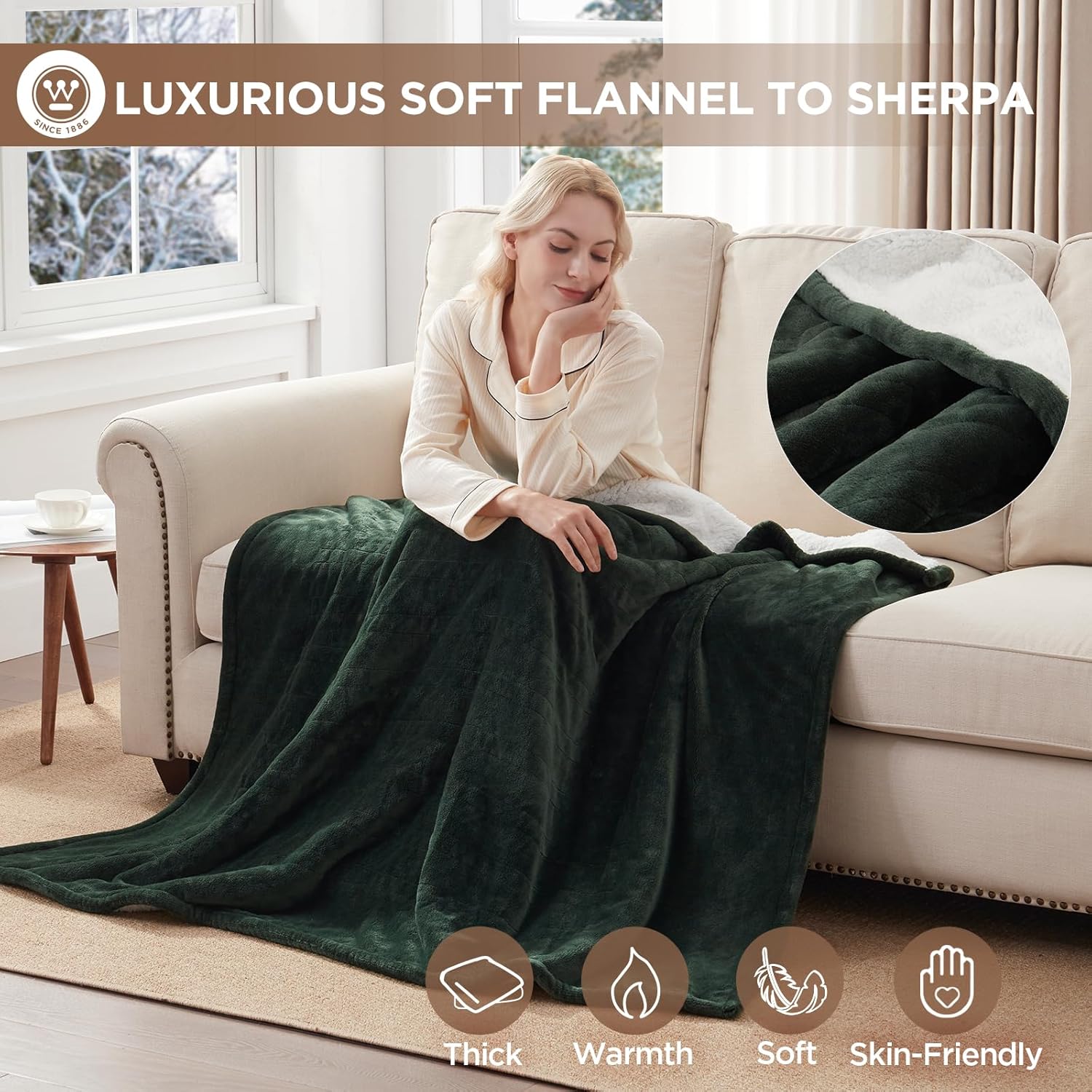 Westinghouse Heated Throw Blanket, Soft Flannel to Sherpa Electric Throw with 6 Heating Levels, 2-10 Hours Time Settings, Fast Heating, Machine Washable 50x60 Inch, Charcoal