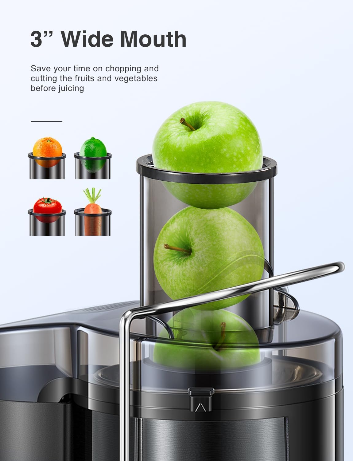 Qcen Juicer Machine, 800W Centrifugal Juicer Extractor with Wide Mouth 3” Feed Chute for Fruit Vegetable, Easy to Clean, Stainless Steel, BPA-free (Black)