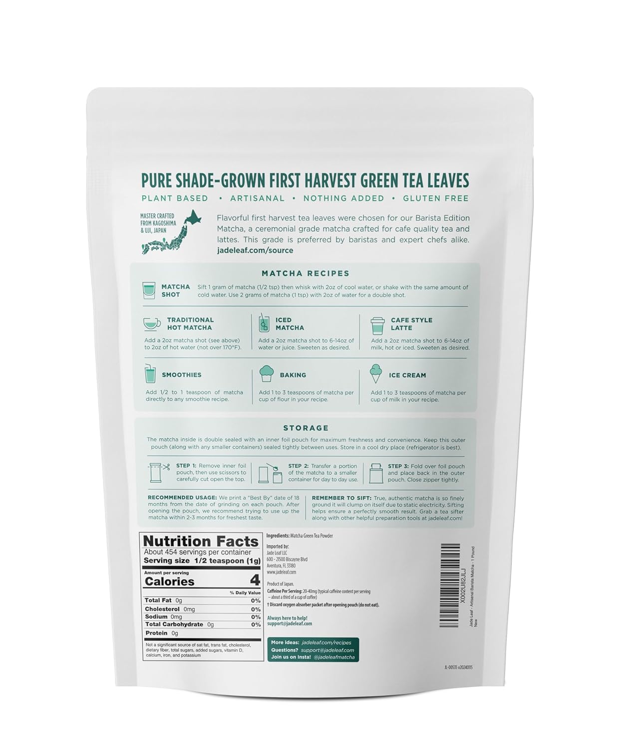 Jade Leaf Matcha Organic Green Tea Powder - Culinary Grade Premium Second Harvest - Authentic Japanese Origin (1.06 Ounce Pouch)