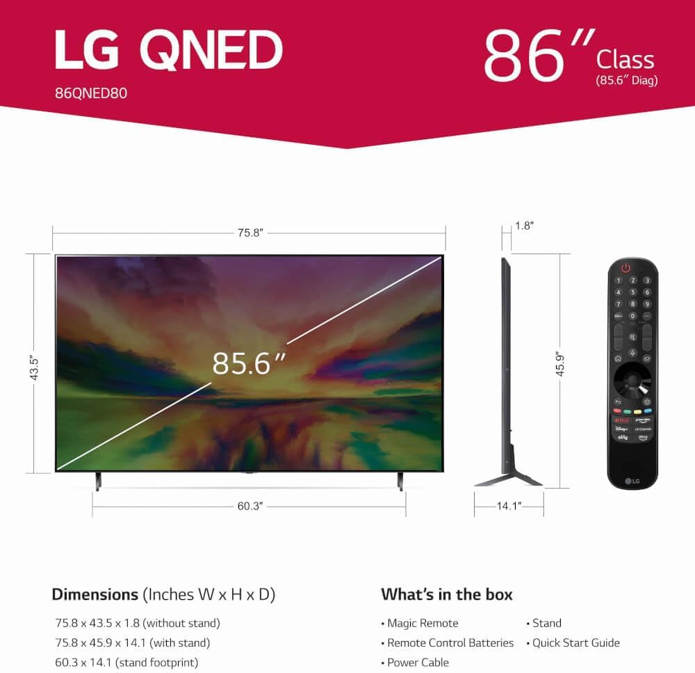 LG QNED80 Series 65-Inch Class QNED Mini LED Smart TV 4K Processor Smart Flat Screen TV for Gaming with Magic Remote AI-Powered 65QNED80URA, 2023 with Alexa Built-in,Black