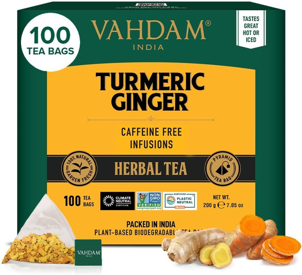 VAHDAM, Organic Turmeric Ginger Herbal Tea Bags (100 Pyramid Tea Bags) Caffeine Free, Non GMO, Gluten Free | 100% Pure Herbal Blend - Savory & Spicy | Plant-Based Tea Bags | Resealable Ziplock Pouch